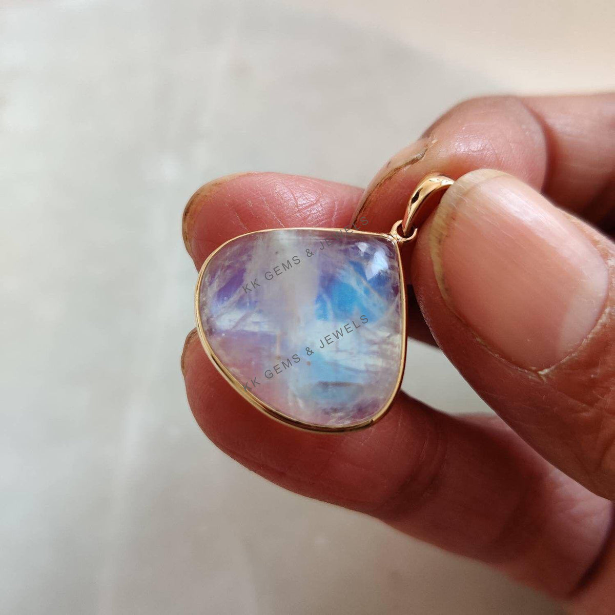 14K Solid Gold Natural Rainbow Moonstone Pendant: Pear Cabochon, June Birthstone