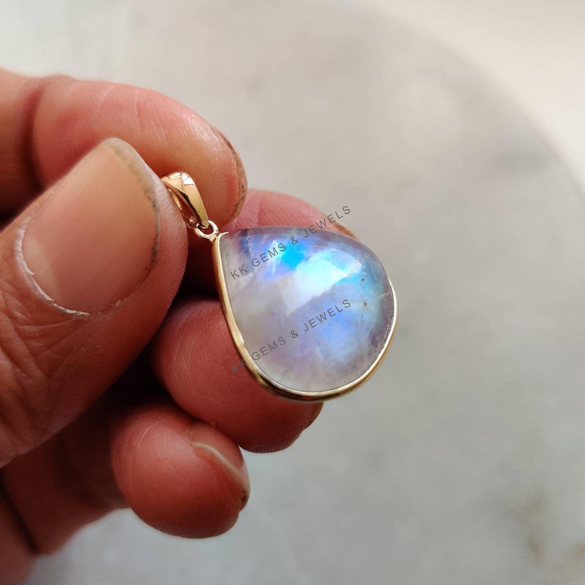 14K Solid Gold Natural Rainbow Moonstone Pendant: Pear Cabochon, June Birthstone