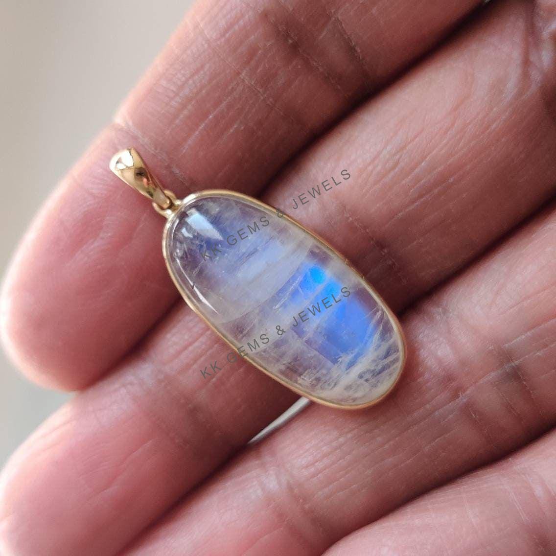 14K Solid Gold Natural Rainbow Moonstone Pendant: June Birthstone Necklace