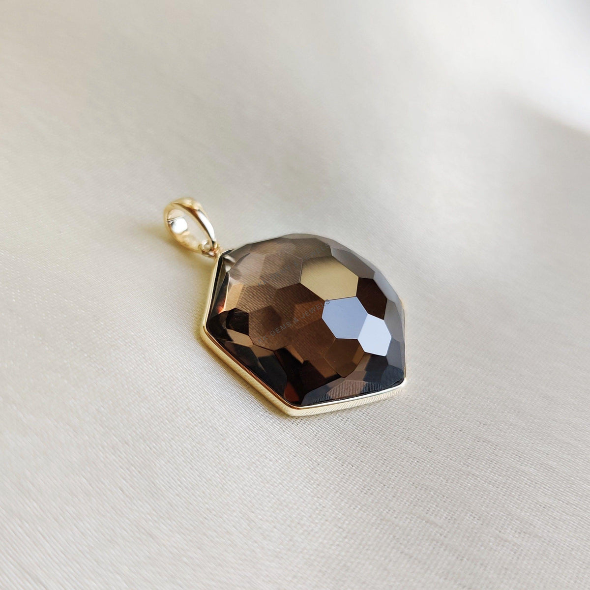 Natural Smoky Quartz Pendant, 14K Solid Yellow Gold Hexagon Football Cut Gemstone