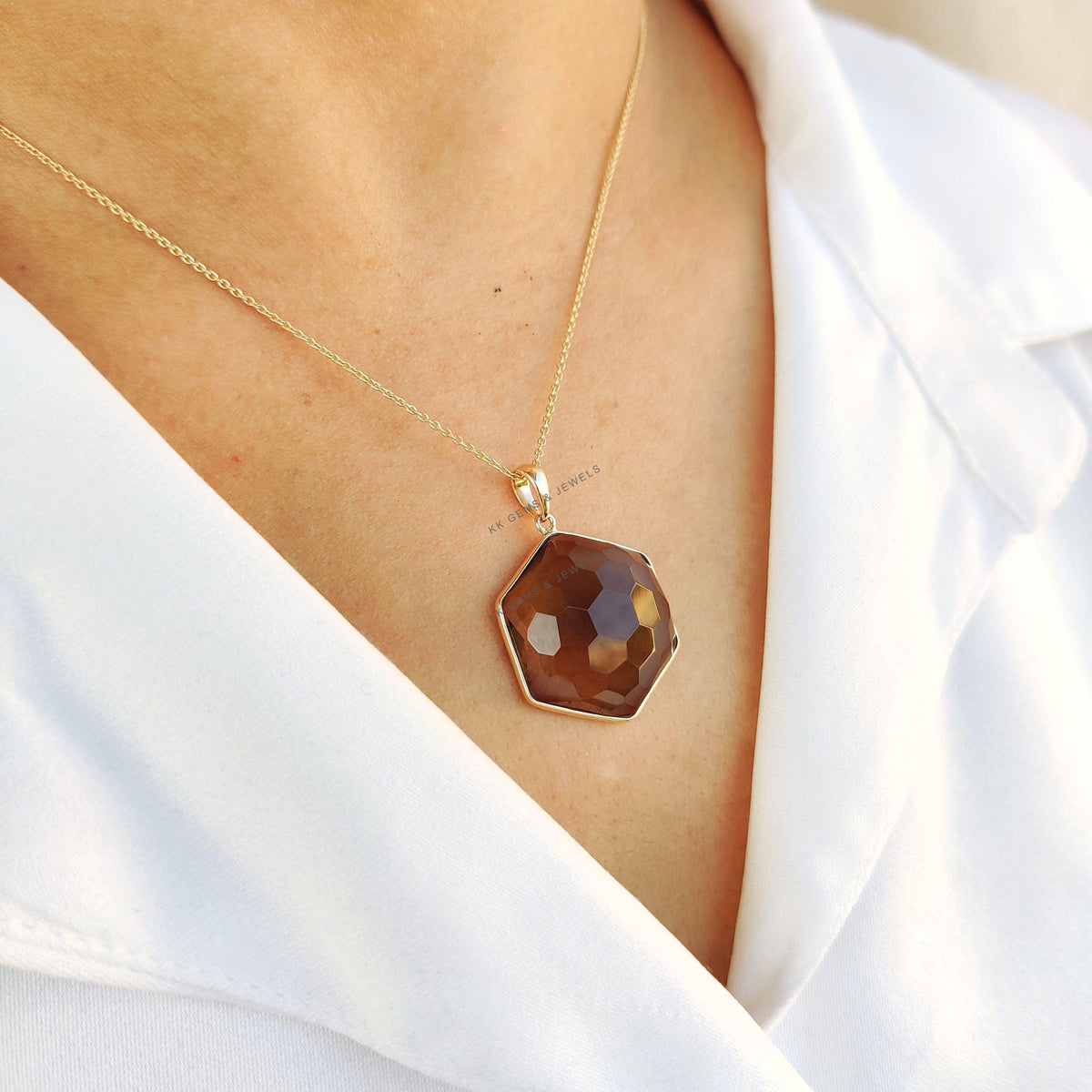 Natural Smoky Quartz Pendant, 14K Solid Yellow Gold Hexagon Football Cut Gemstone