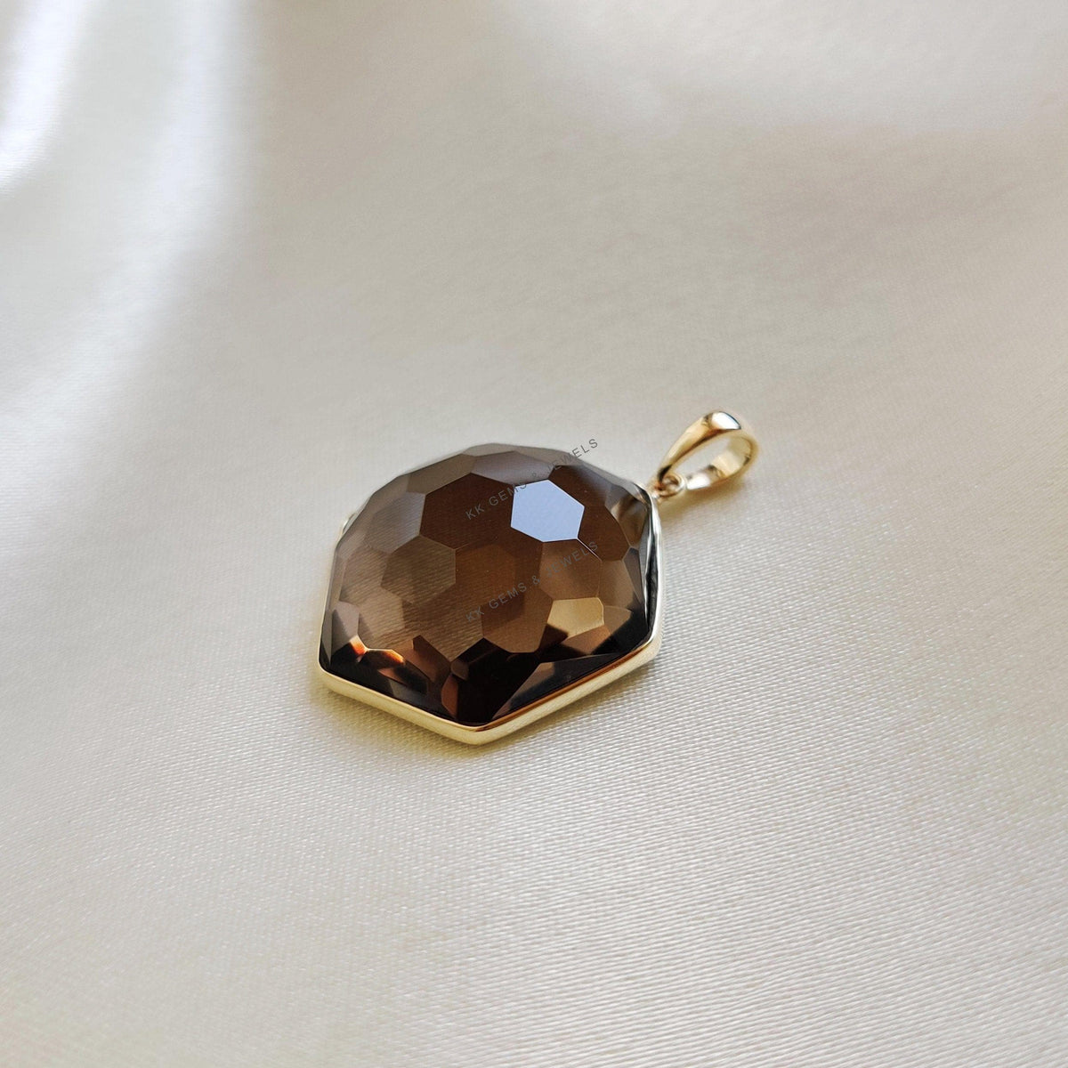 Natural Smoky Quartz Pendant, 14K Solid Yellow Gold Hexagon Football Cut Gemstone