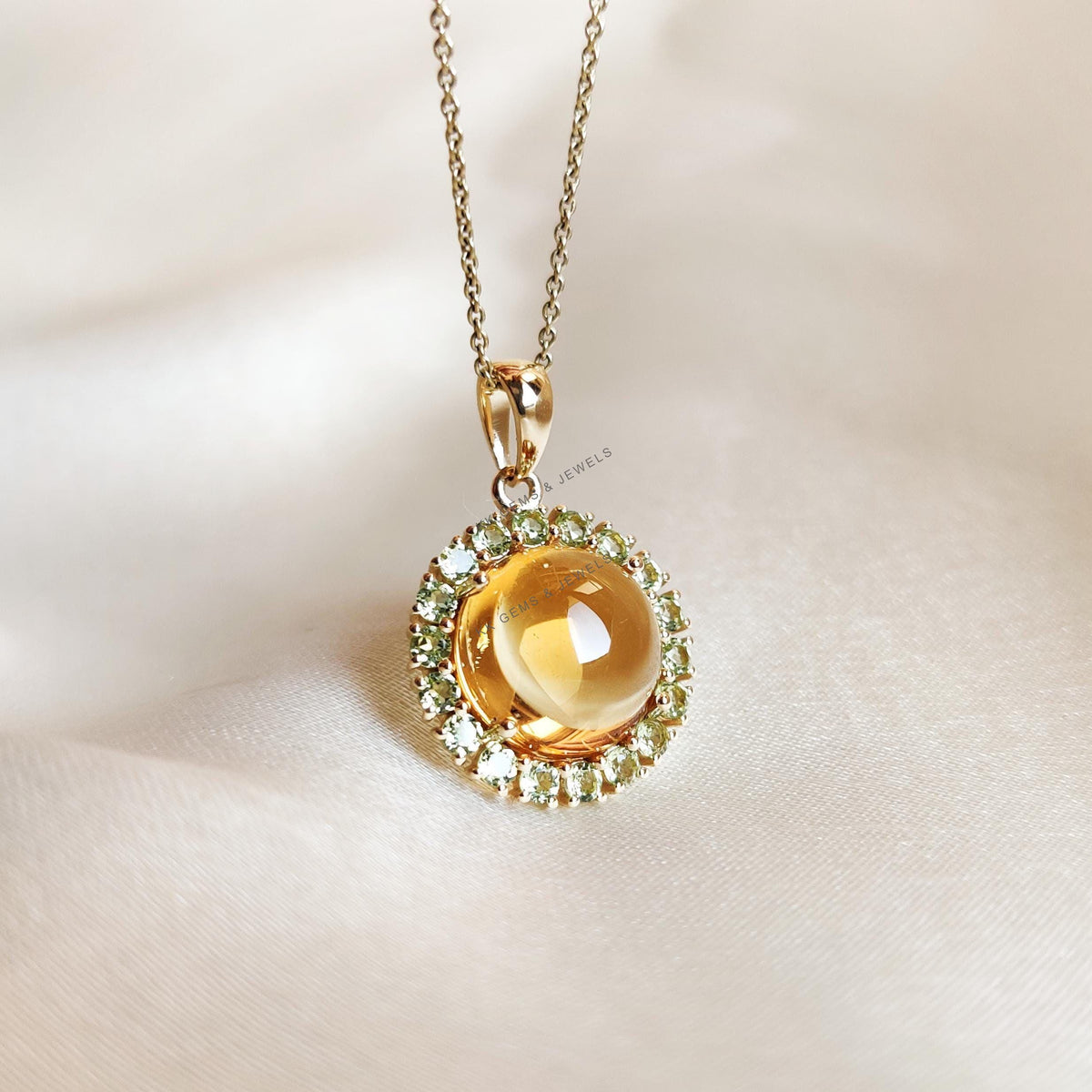14K Solid Gold Natural Citrine & Peridot Pendant, November August Birthstone Halo Pendant