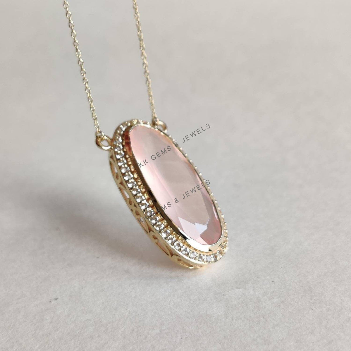 14K Solid Yellow Gold Natural Rose Quartz & White Topaz Halo Chain Necklace, January Birthstone