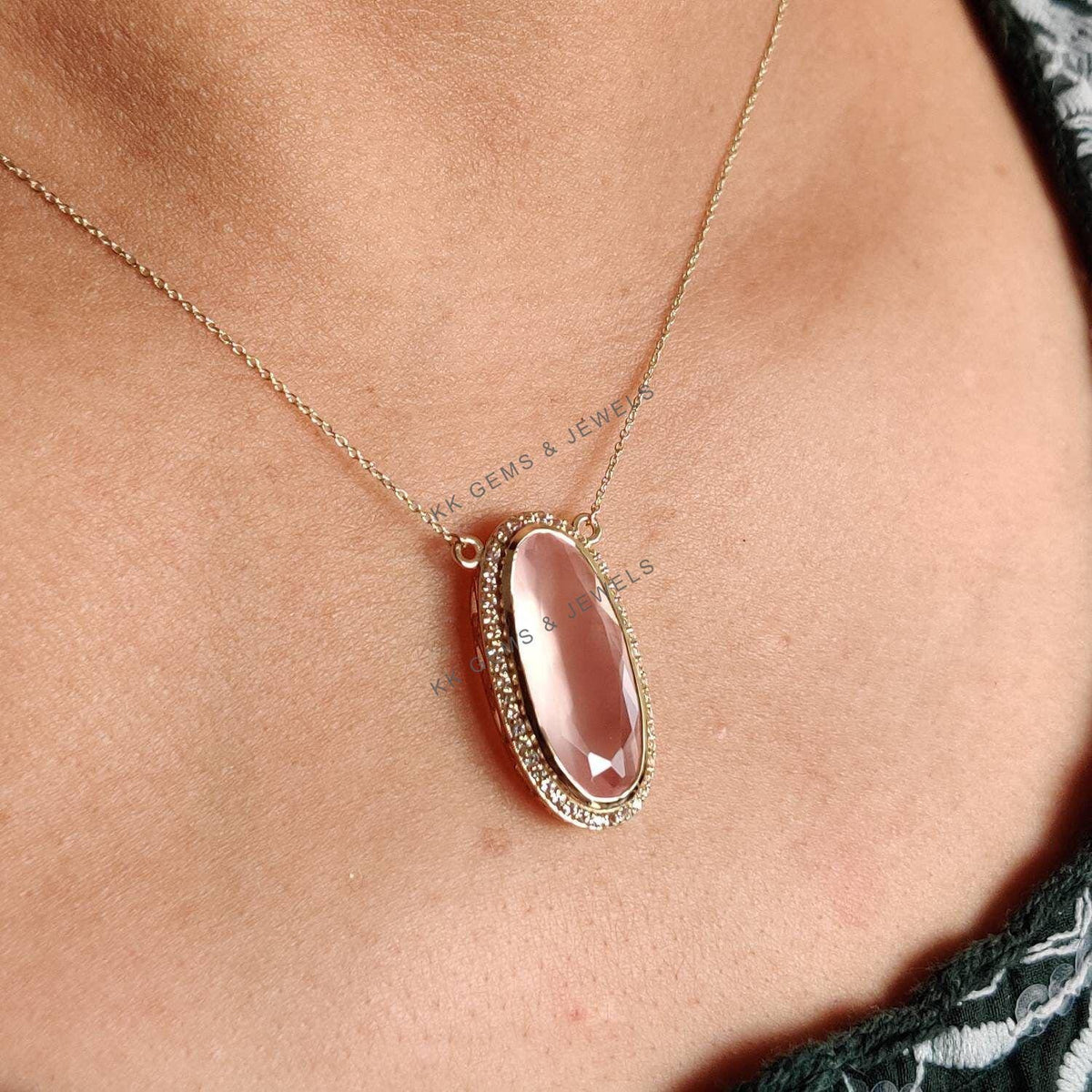 14K Solid Yellow Gold Natural Rose Quartz & White Topaz Halo Chain Necklace, January Birthstone