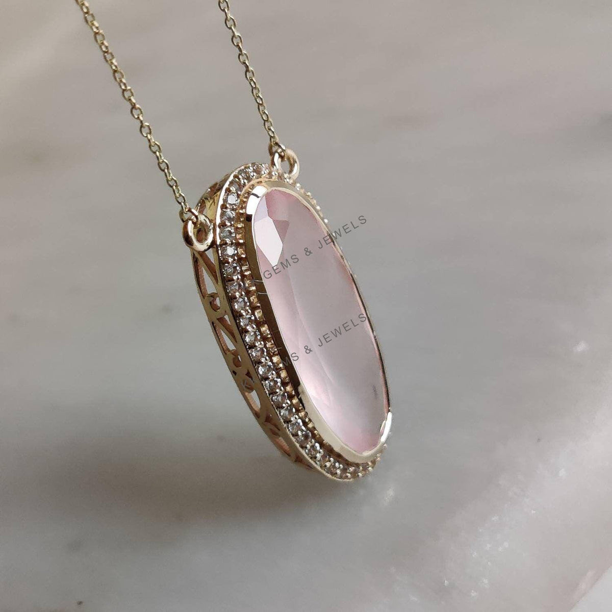 14K Solid Yellow Gold Natural Rose Quartz & White Topaz Halo Chain Necklace, January Birthstone
