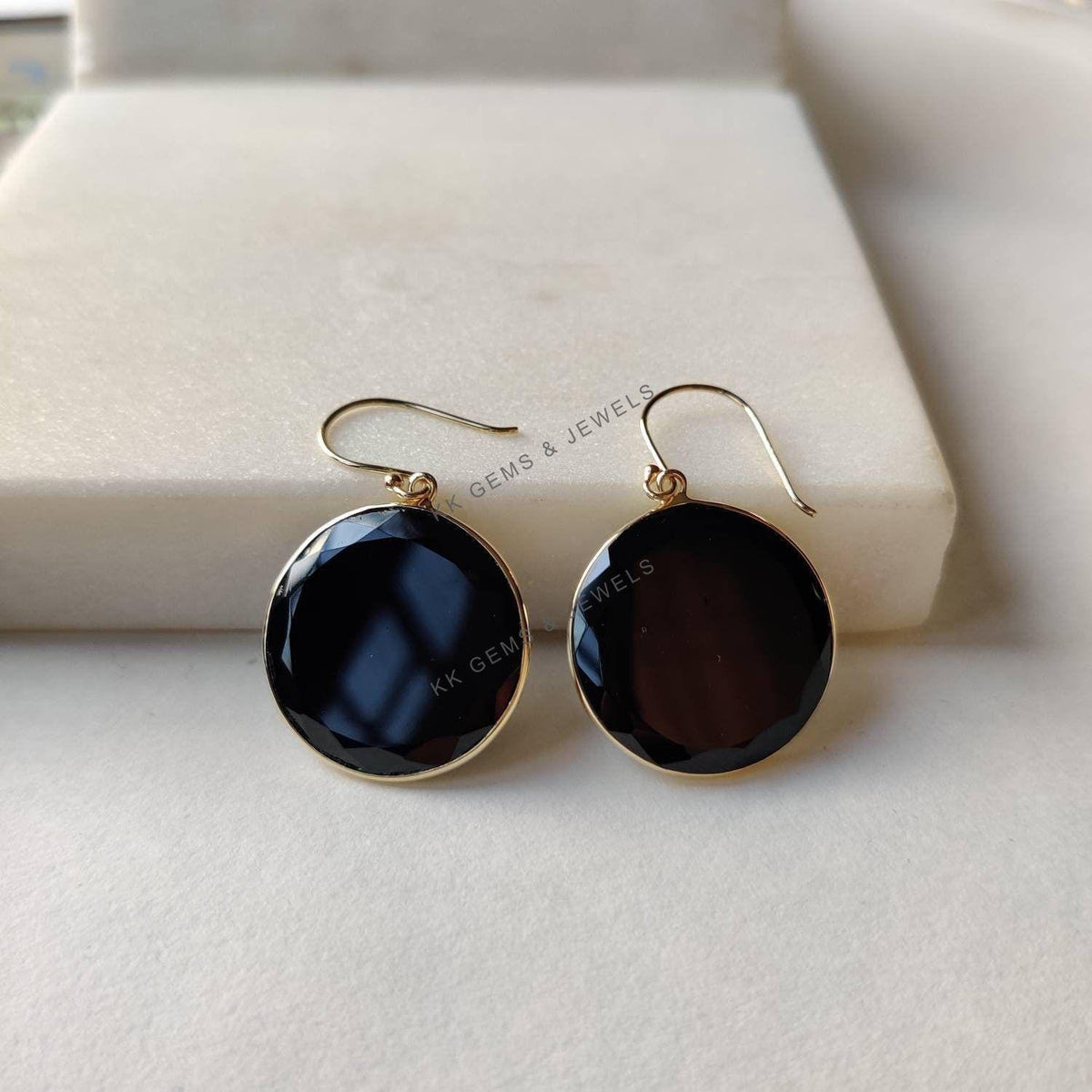 14K Solid Gold Natural Black Onyx Earrings, Round Bezel Set