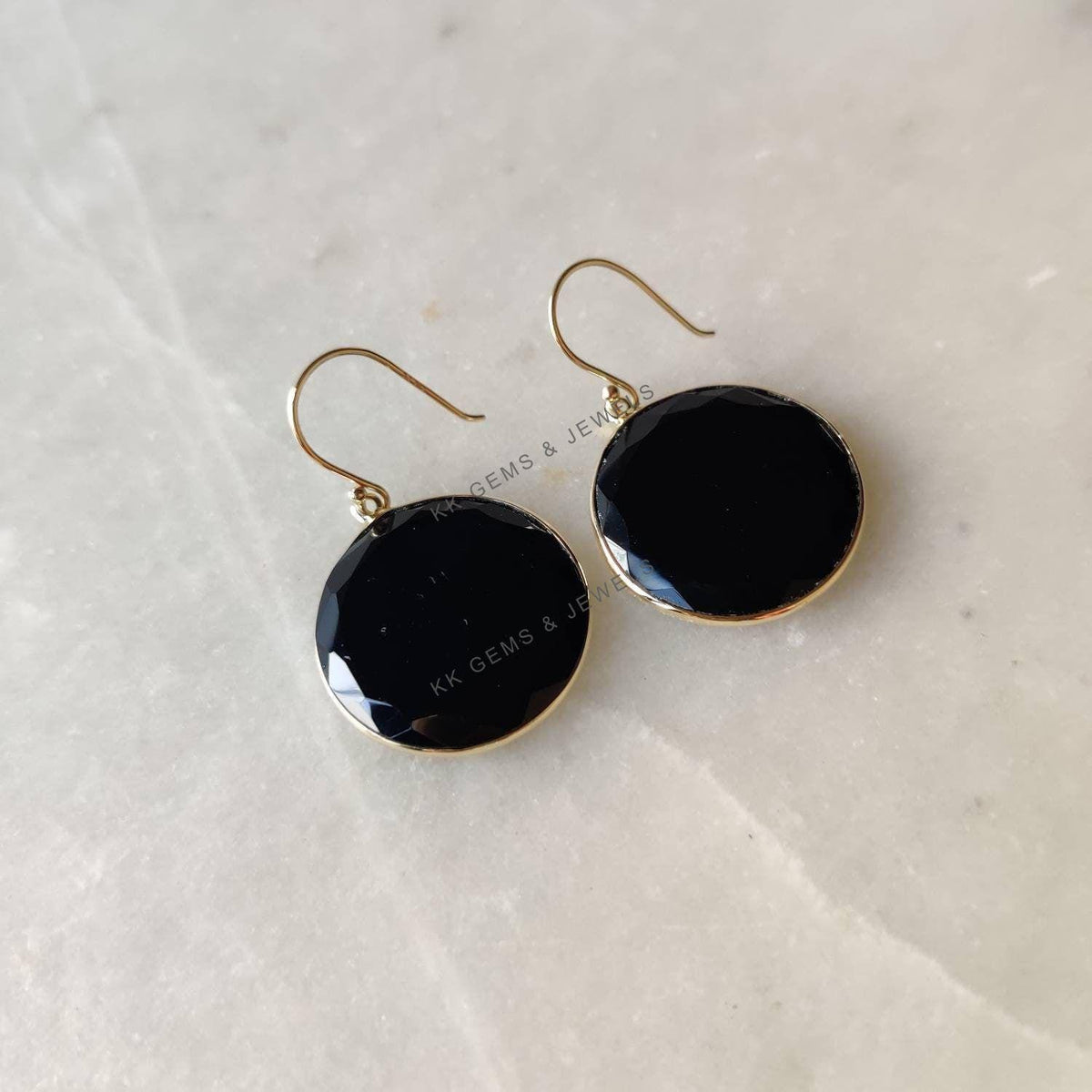 14K Solid Gold Natural Black Onyx Earrings, Round Bezel Set
