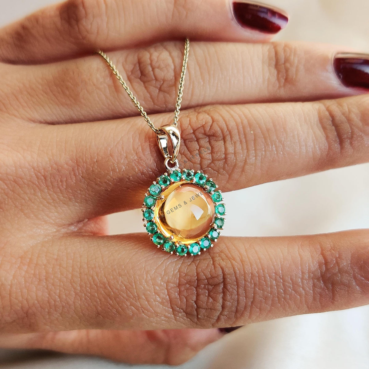 Natural Citrine & Emerald Pendant, 14K Solid Yellow Gold, Halo Jewelry