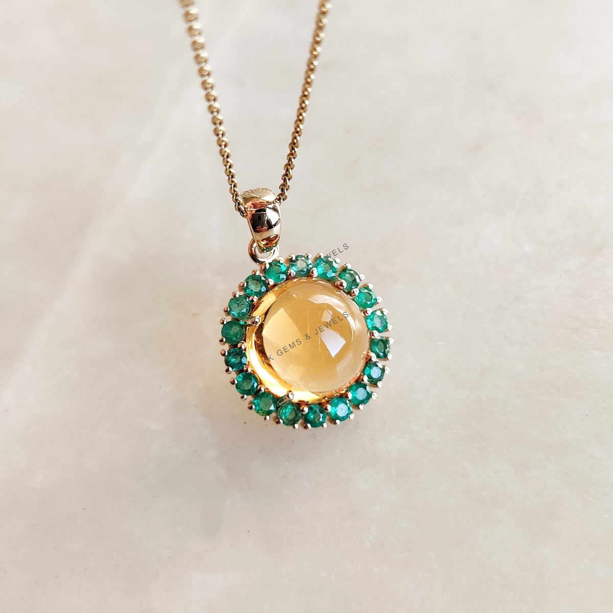 Natural Citrine & Emerald Pendant, 14K Solid Yellow Gold, Halo Jewelry