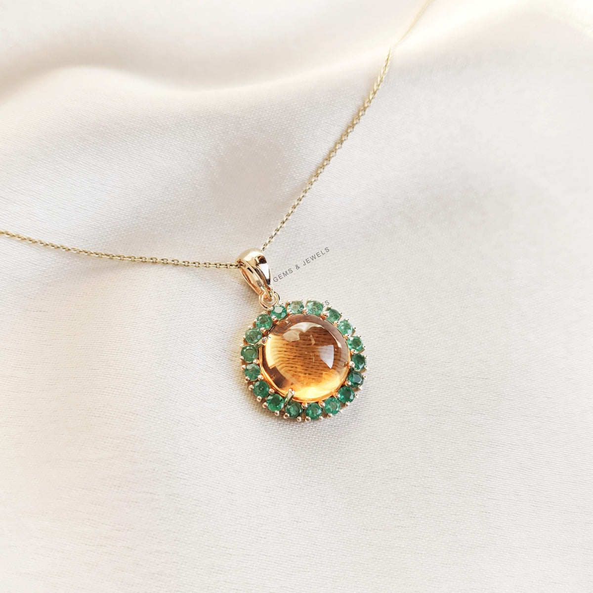 Natural Citrine & Emerald Pendant, 14K Solid Yellow Gold, Halo Jewelry