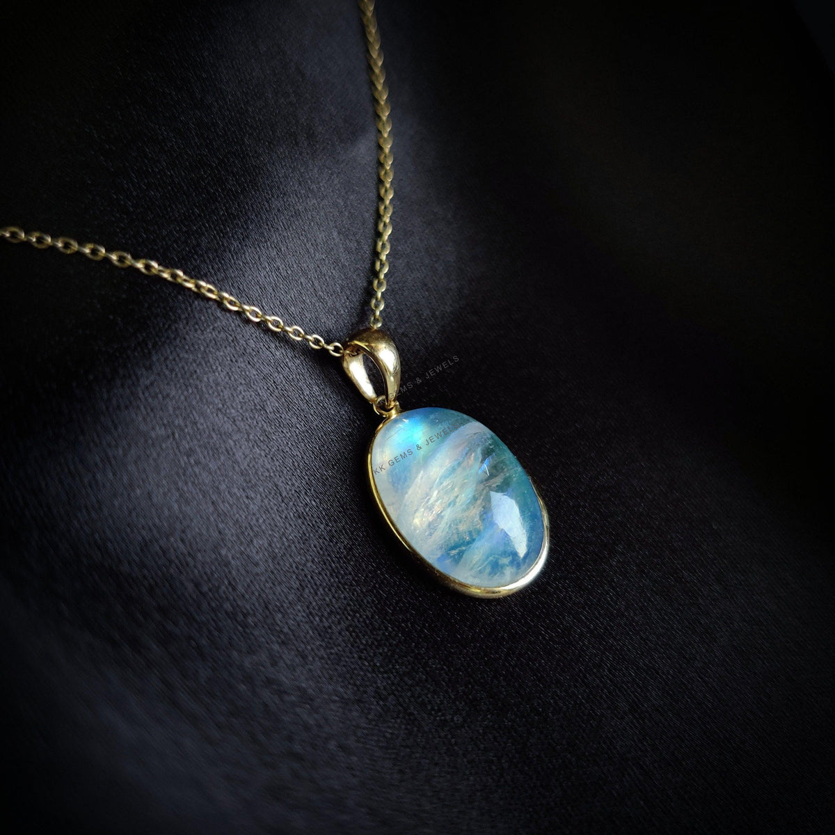 Natural Rainbow Moonstone Pendant: 14K Solid Yellow Gold Bezel, June Birthstone