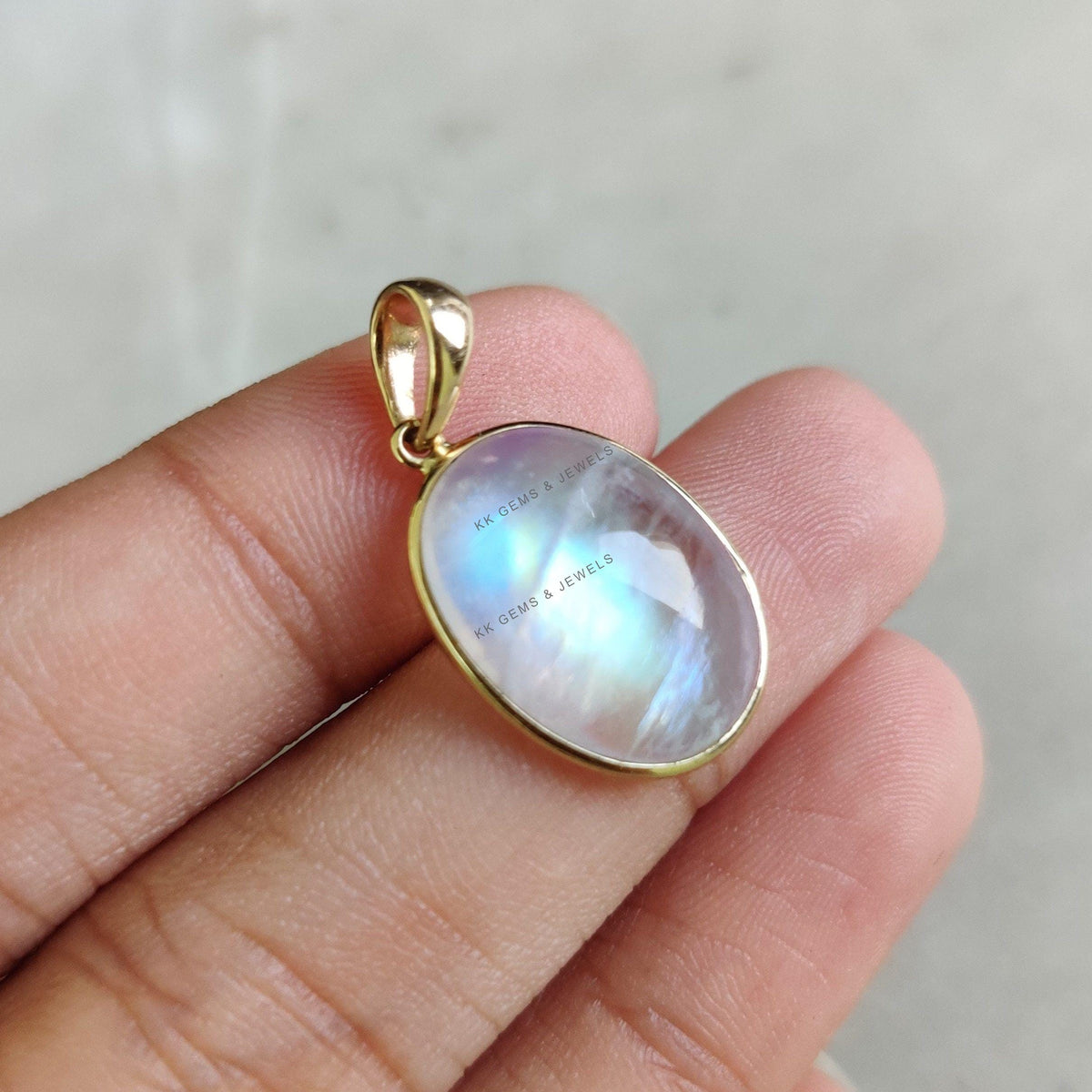 Natural Rainbow Moonstone Pendant: 14K Solid Yellow Gold Bezel, June Birthstone