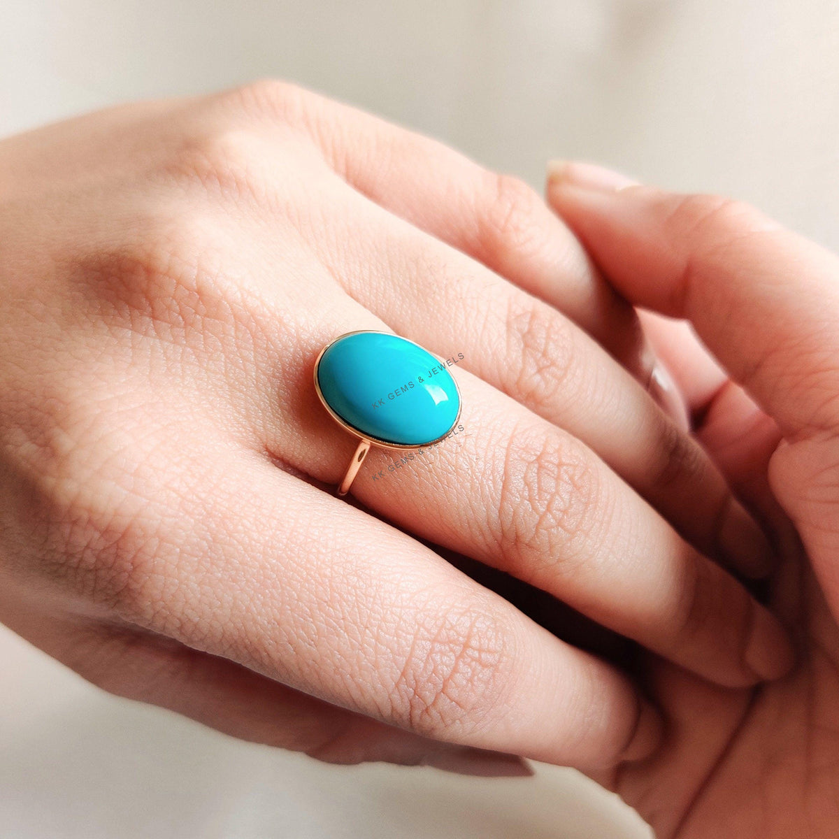 Natural Arizona Turquoise Ring, Oval Cabochon, 14K Solid Yellow Gold, December Birthstone