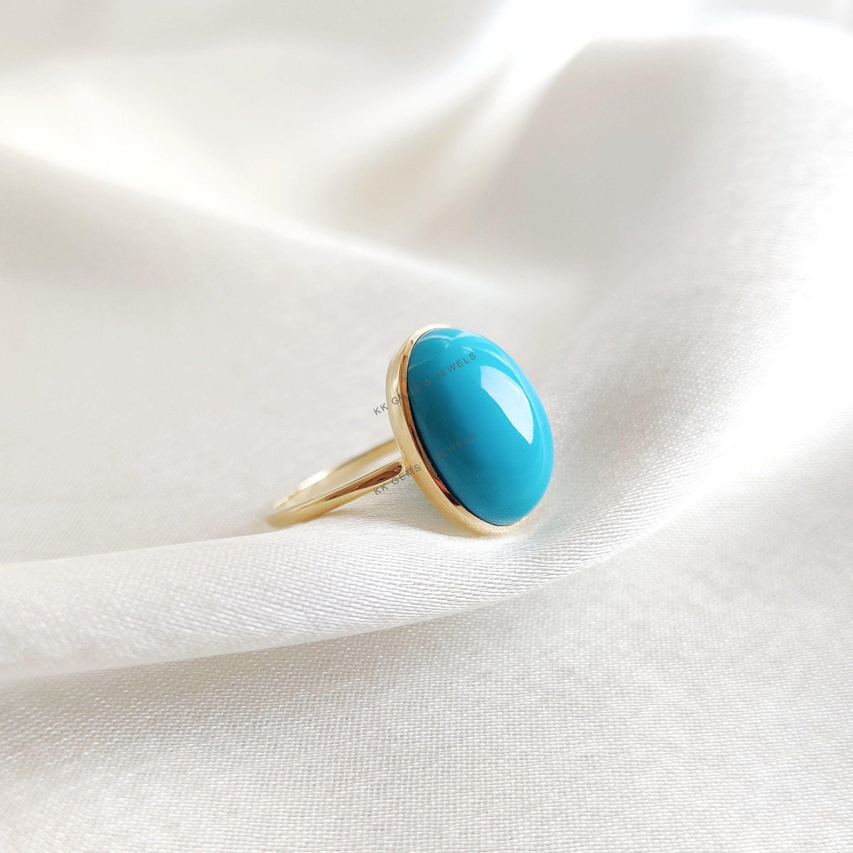Natural Arizona Turquoise Ring, Oval Cabochon, 14K Solid Yellow Gold, December Birthstone