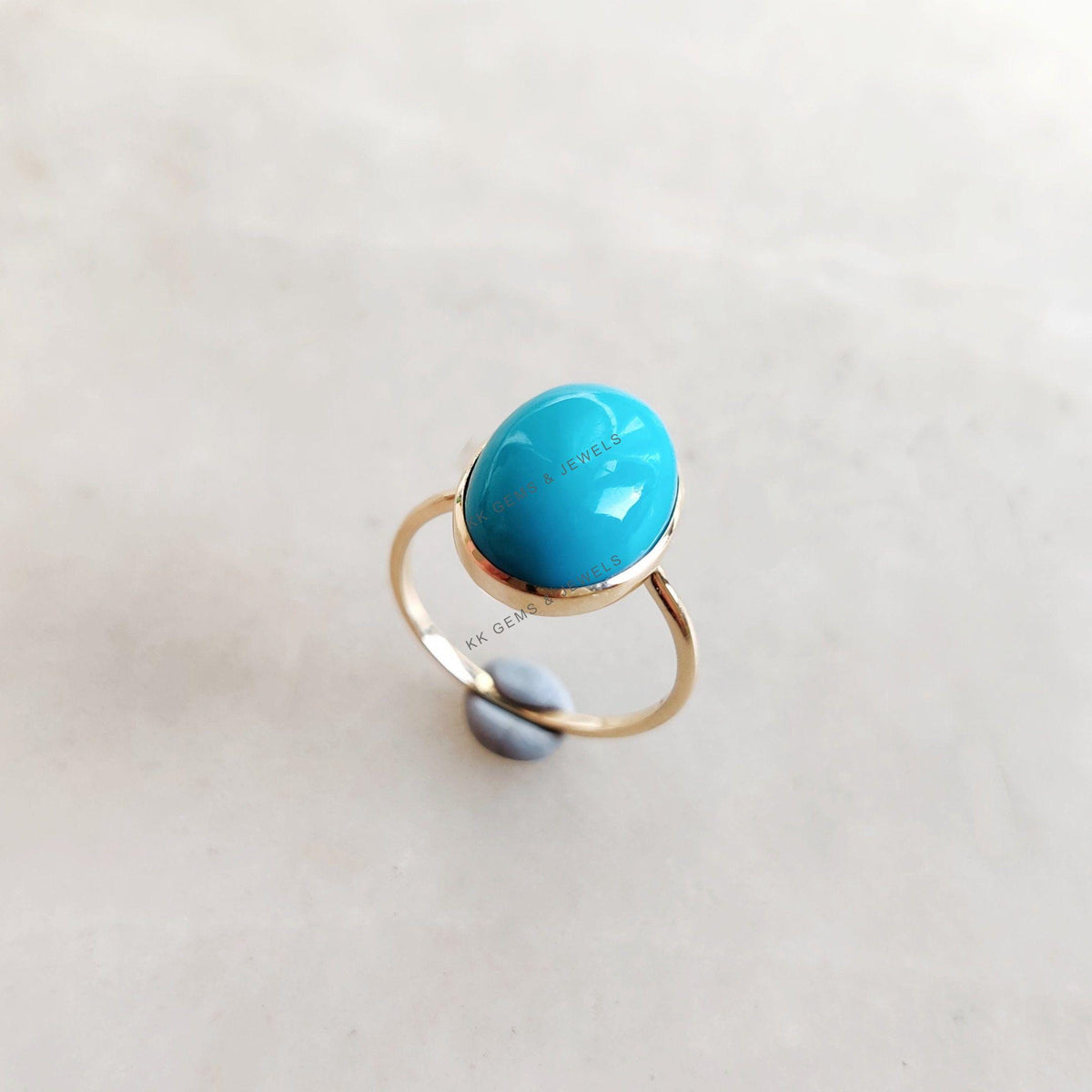 Natural Arizona Turquoise Ring, Oval Cabochon, 14K Solid Yellow Gold, December Birthstone