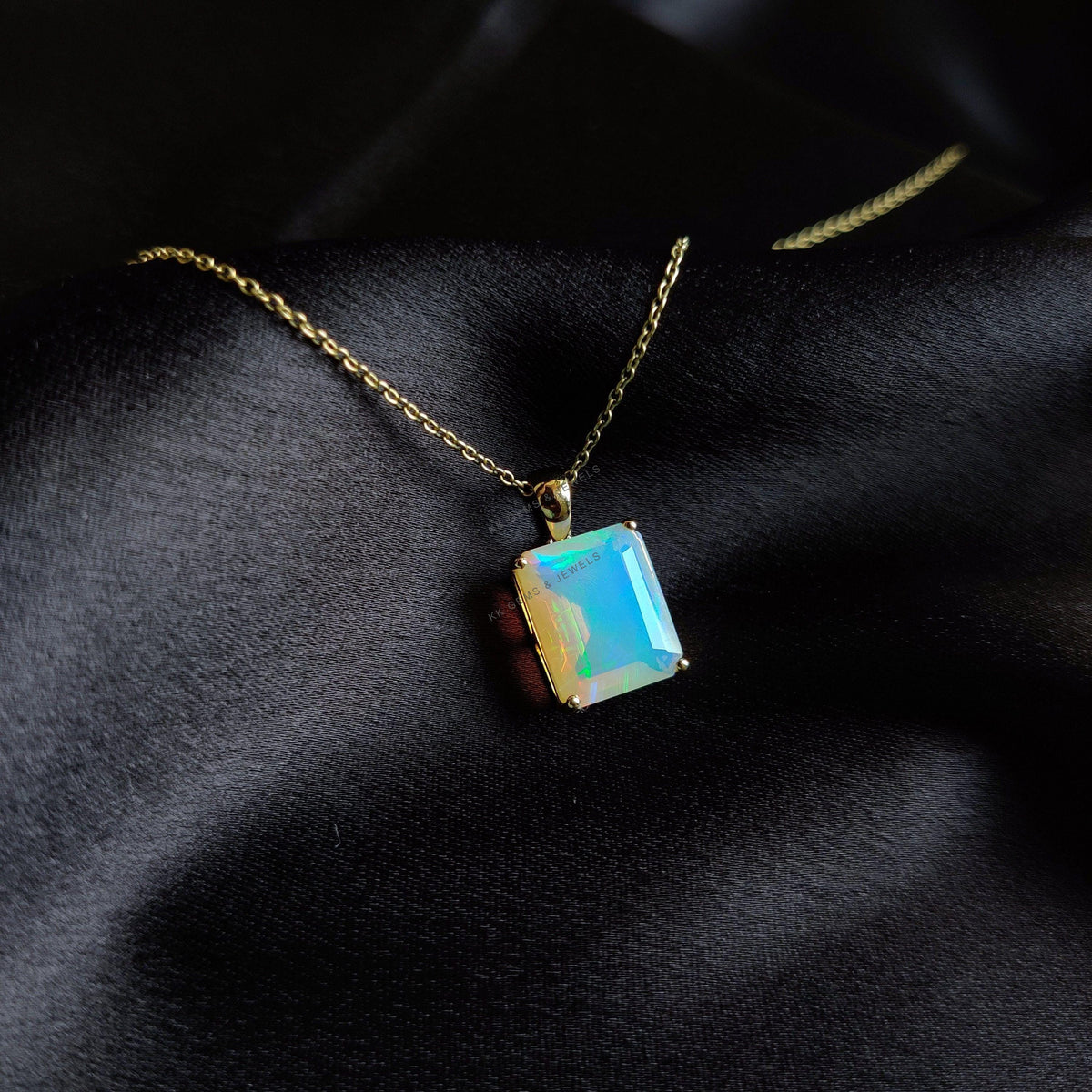 Natural Ethiopian Opal Pendant: 14K Solid Yellow Gold Octagon, October Birthstone