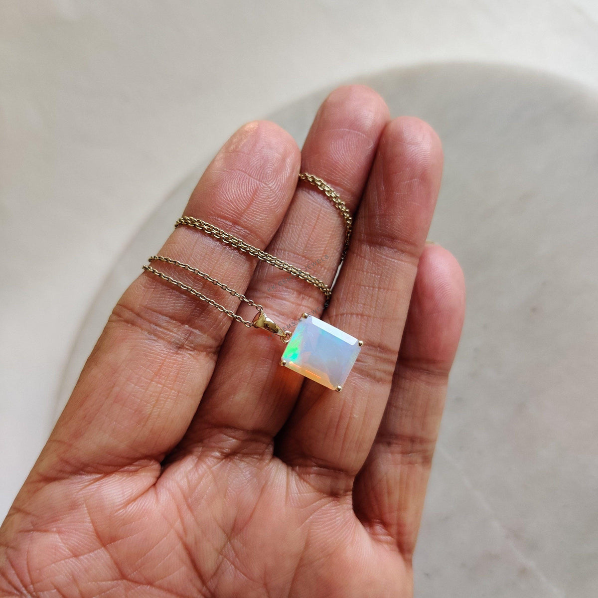 Natural Ethiopian Opal Pendant: 14K Solid Yellow Gold Octagon, October Birthstone