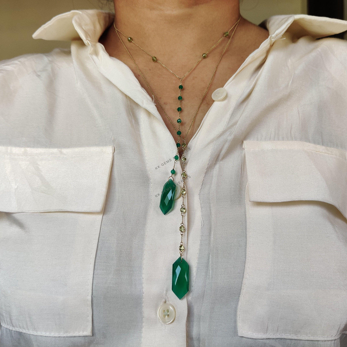 Natural Green Onyx & Peridot 14K Solid Yellow Gold Chain Necklace, August May Birthstone