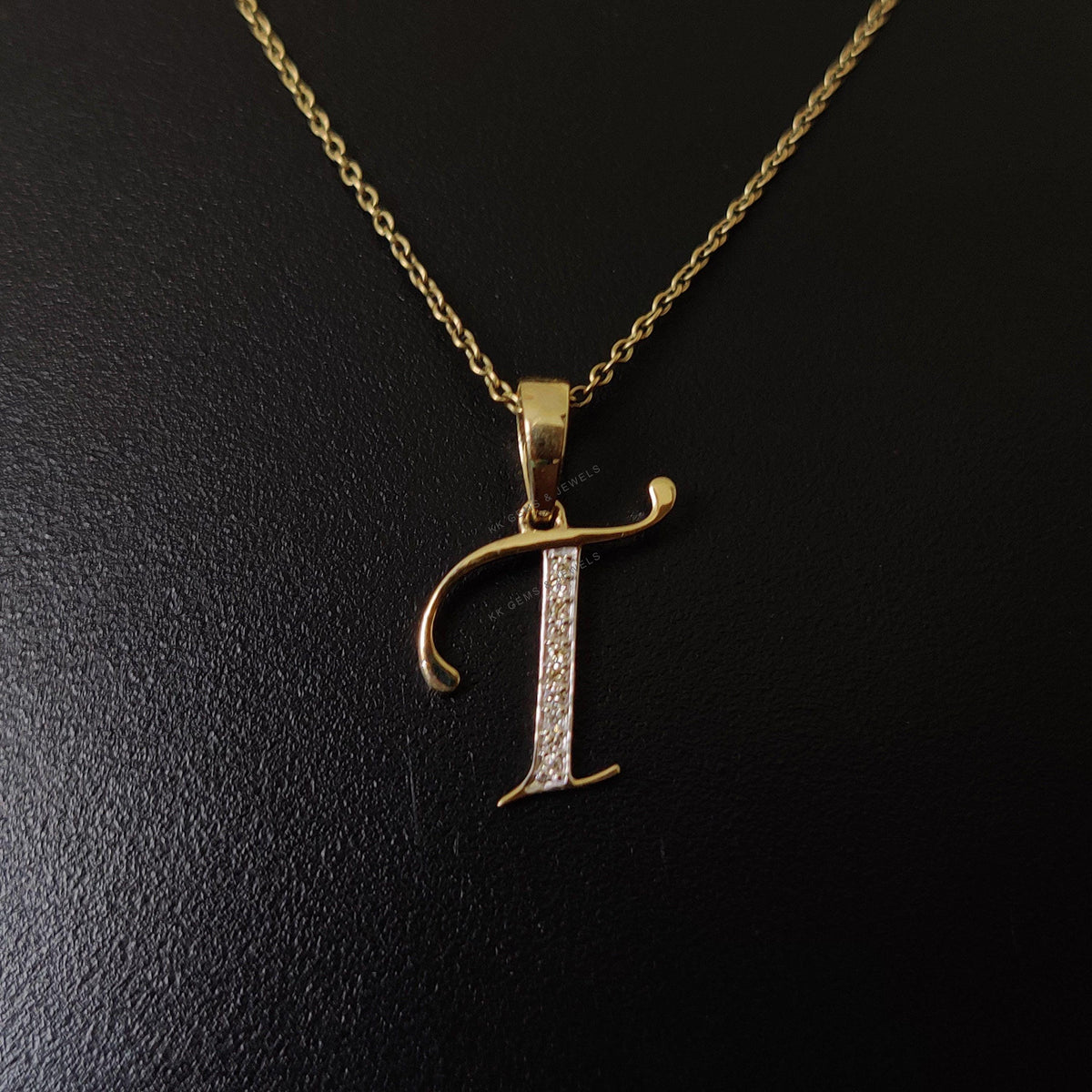 14K Solid Gold Initial T Pendant, Diamond Letter Charm
