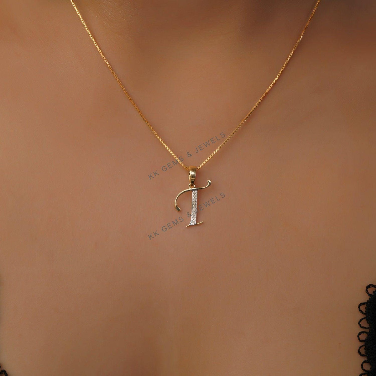14K Solid Gold Initial T Pendant, Diamond Letter Charm