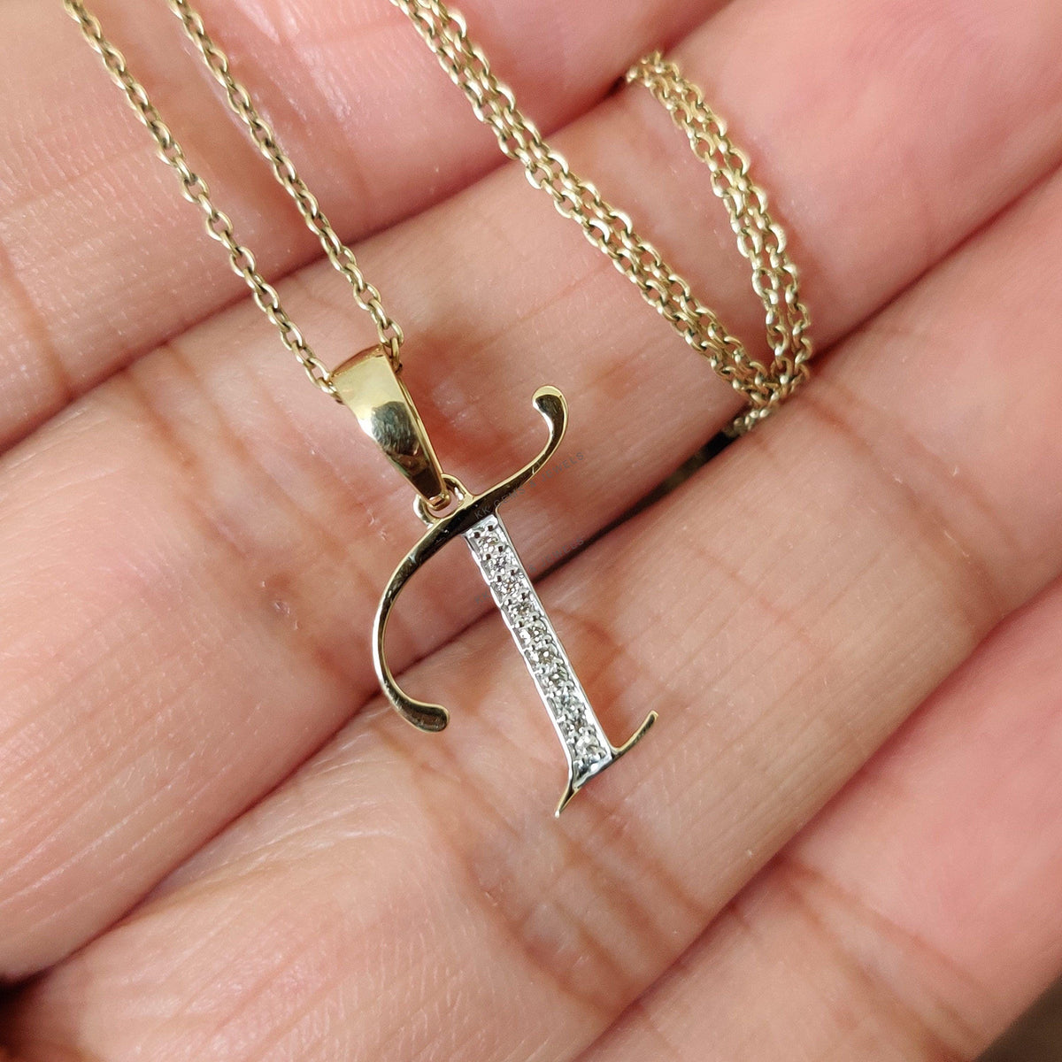 14K Solid Gold Initial T Pendant, Diamond Letter Charm