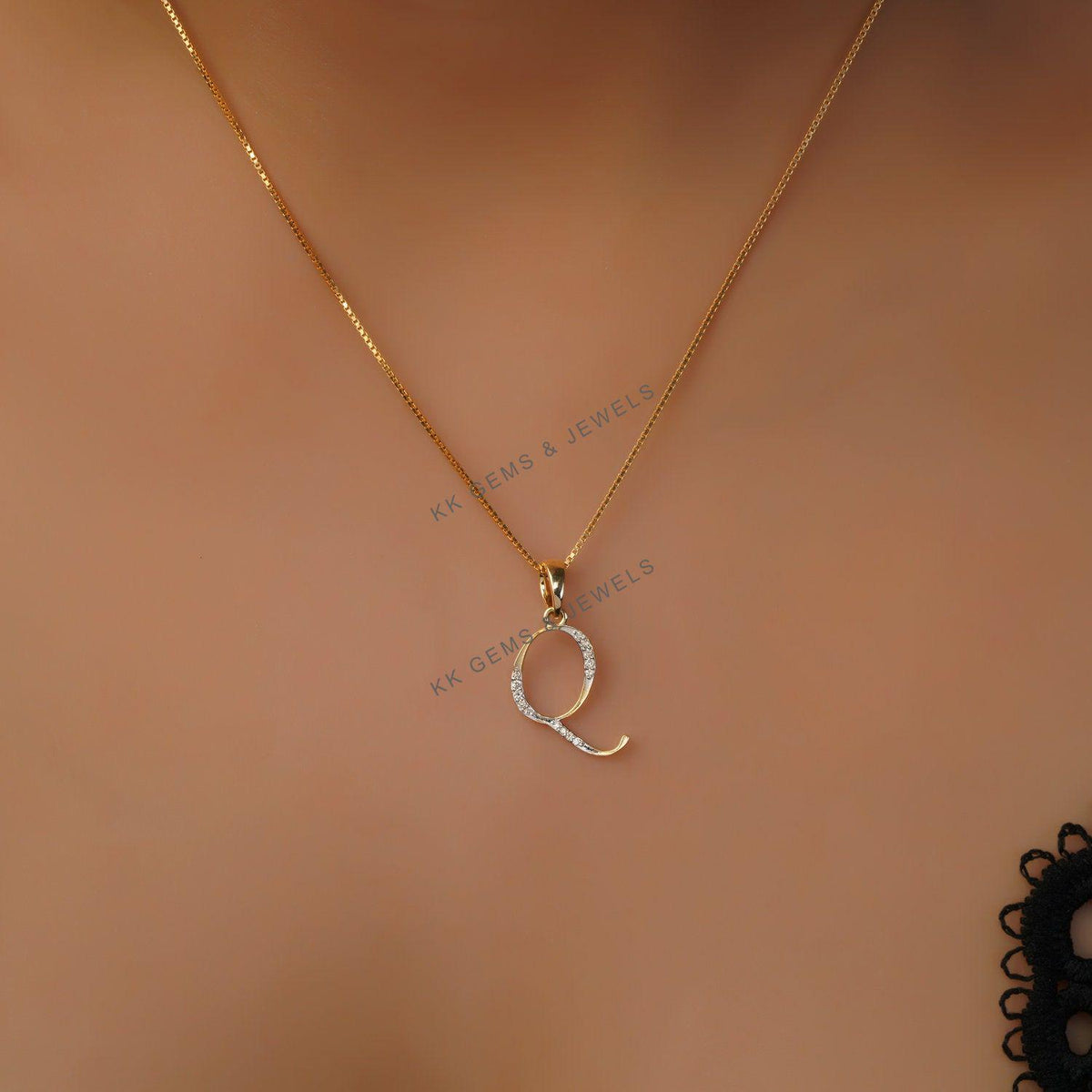 14K Solid Gold Initial Q Diamond Pendant, Personalised Birthday Gift