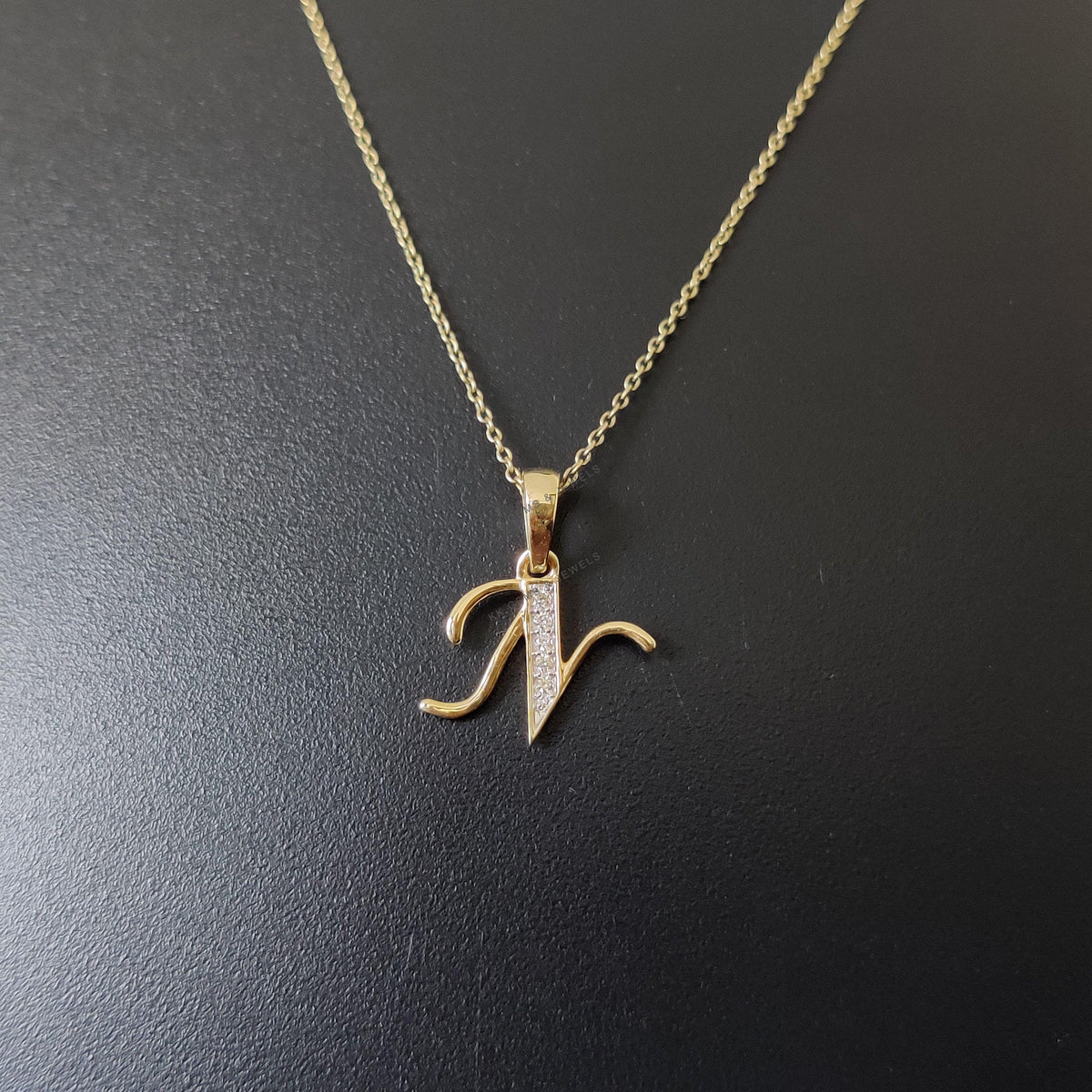 14K Solid Gold Initial N Diamond Pendant, Birthday Gift
