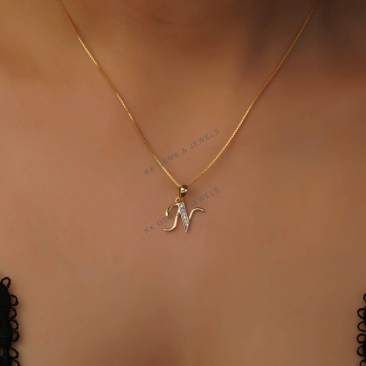 14K Solid Gold Initial N Diamond Pendant, Birthday Gift