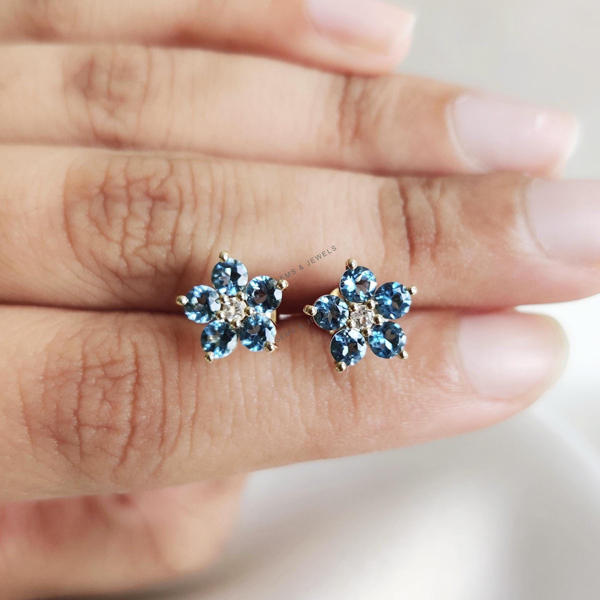 Natural Swiss Blue Topaz & White Topaz Flower Studs, 14K Solid Yellow Gold Earrings
