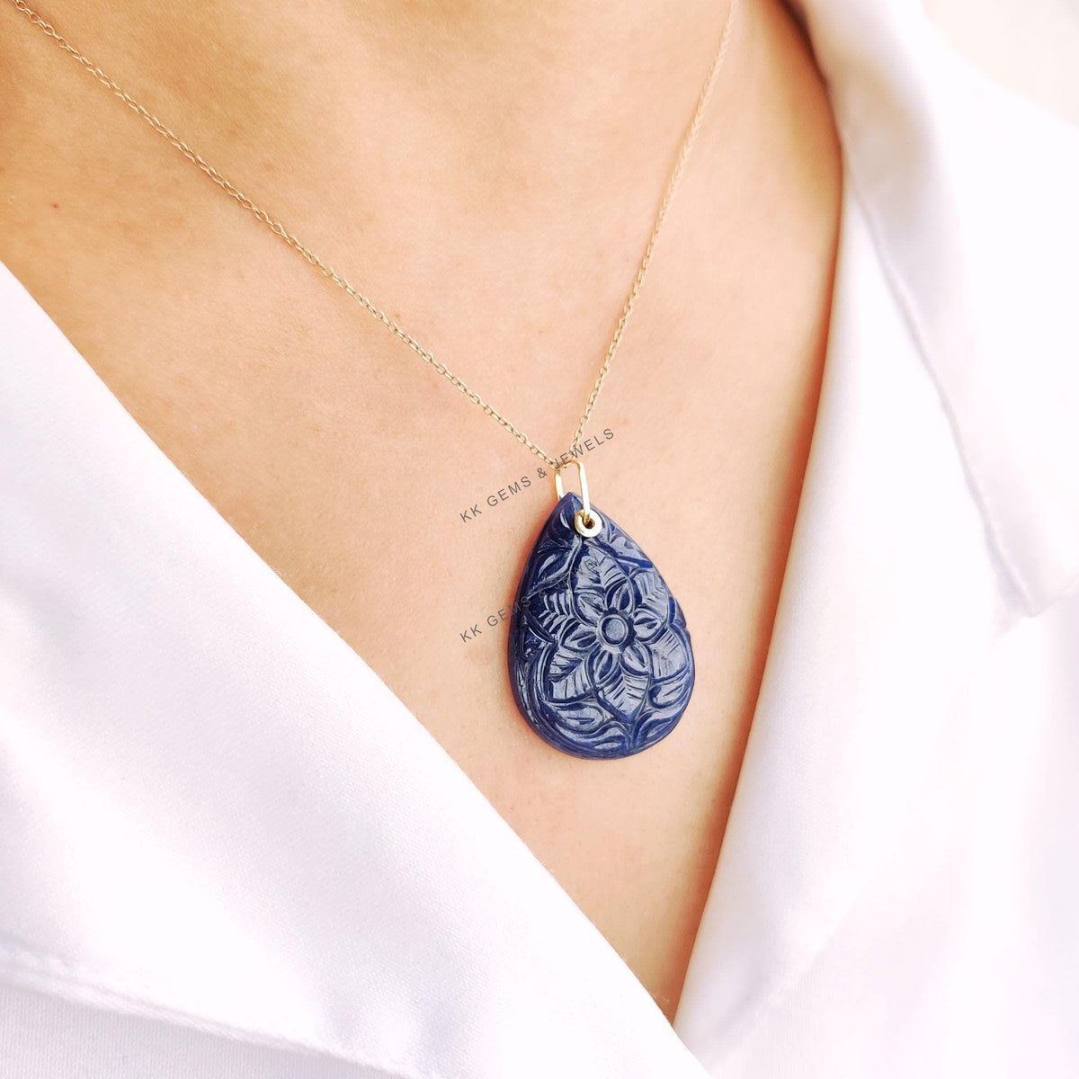 Natural Carved Blue Sapphire Drill Pendant, 14K Solid Yellow Gold, September Birthstone