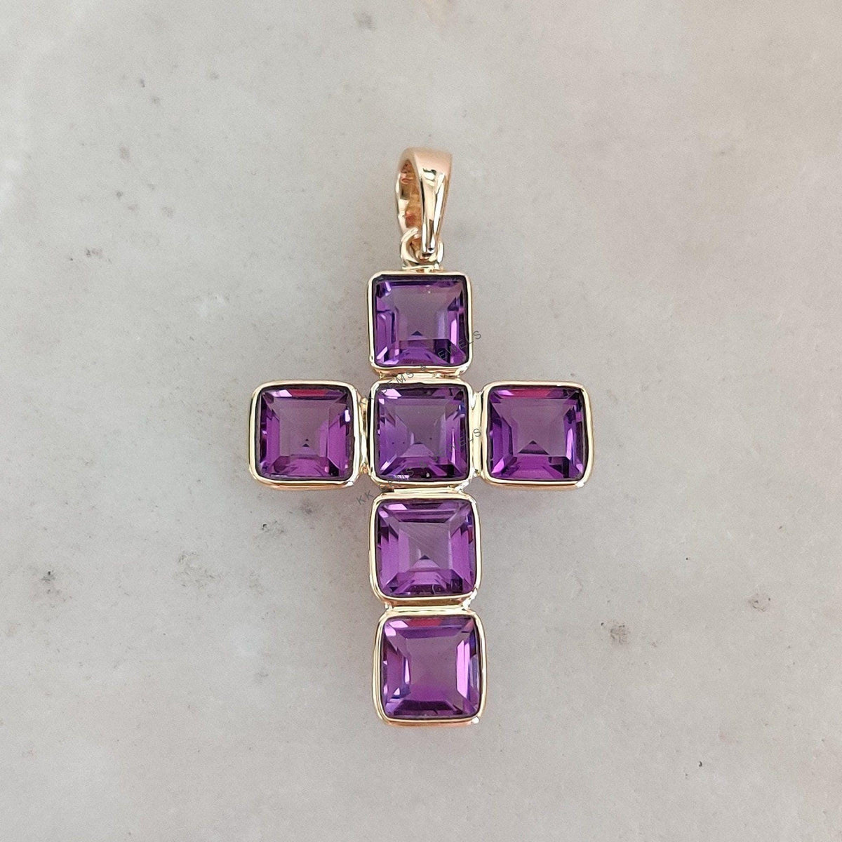 14K Solid Gold Natural Purple Amethyst Cross Pendant, February Birthstone
