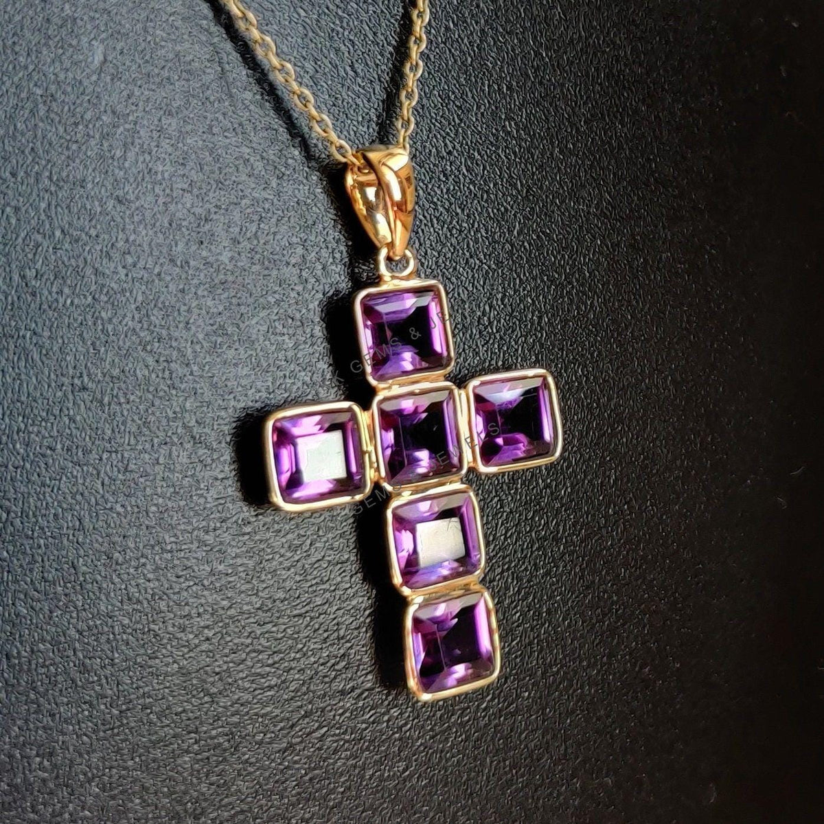 14K Solid Gold Natural Purple Amethyst Cross Pendant, February Birthstone