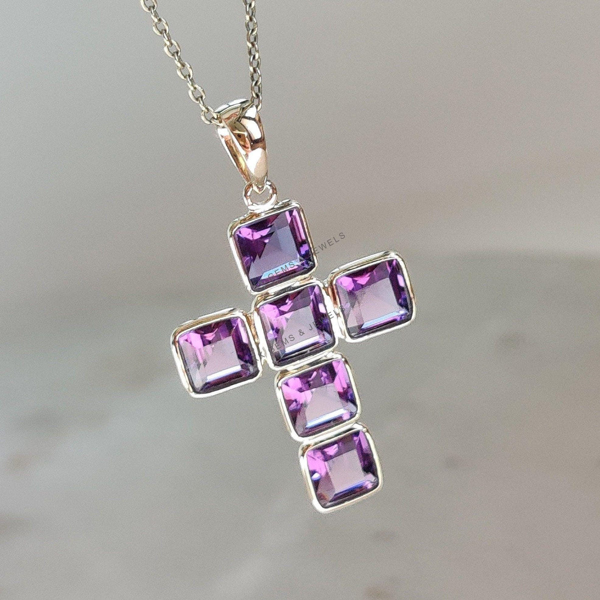 14K Solid Gold Natural Purple Amethyst Cross Pendant, February Birthstone
