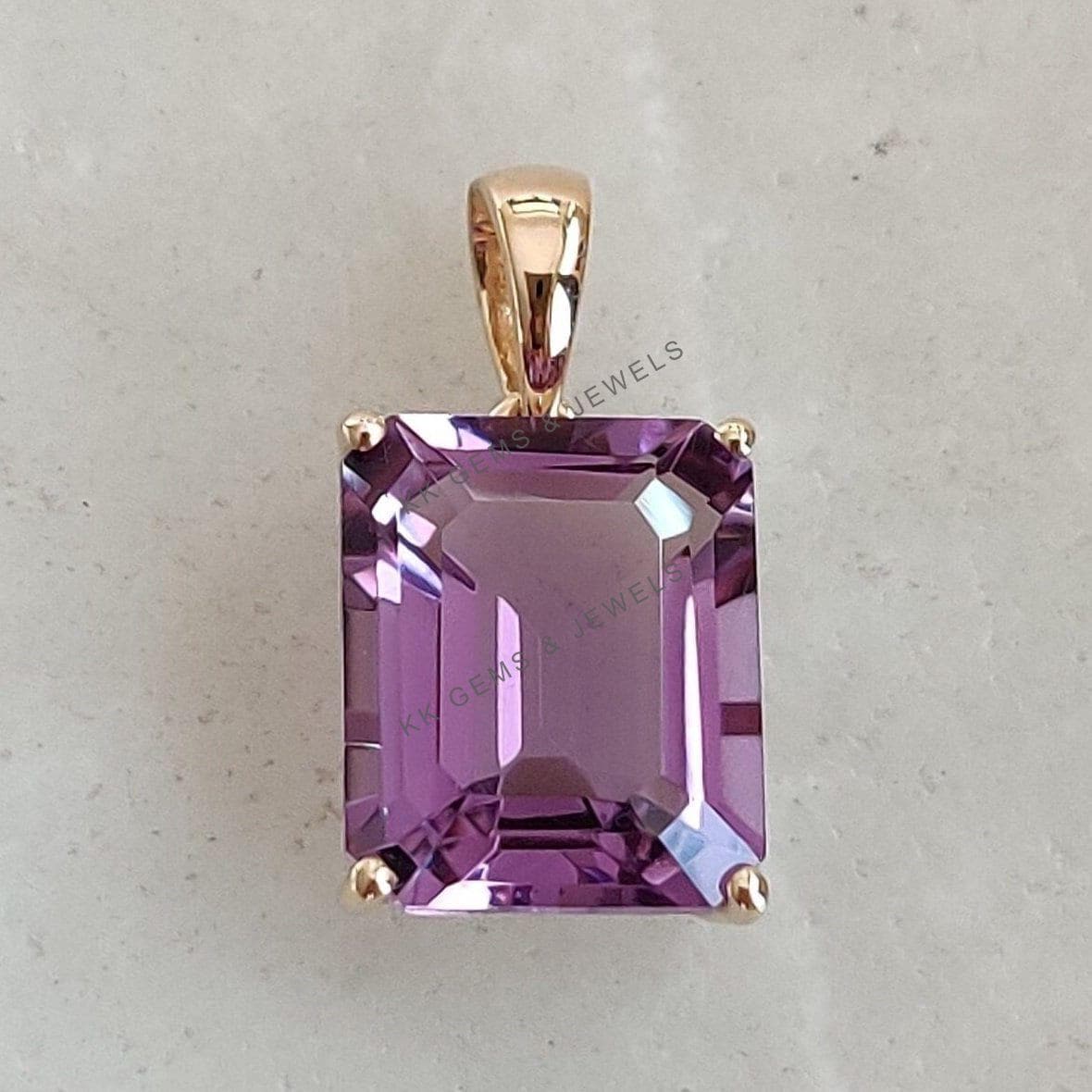 14K Solid Yellow Gold Natural Purple Amethyst Pendant, February Birthstone