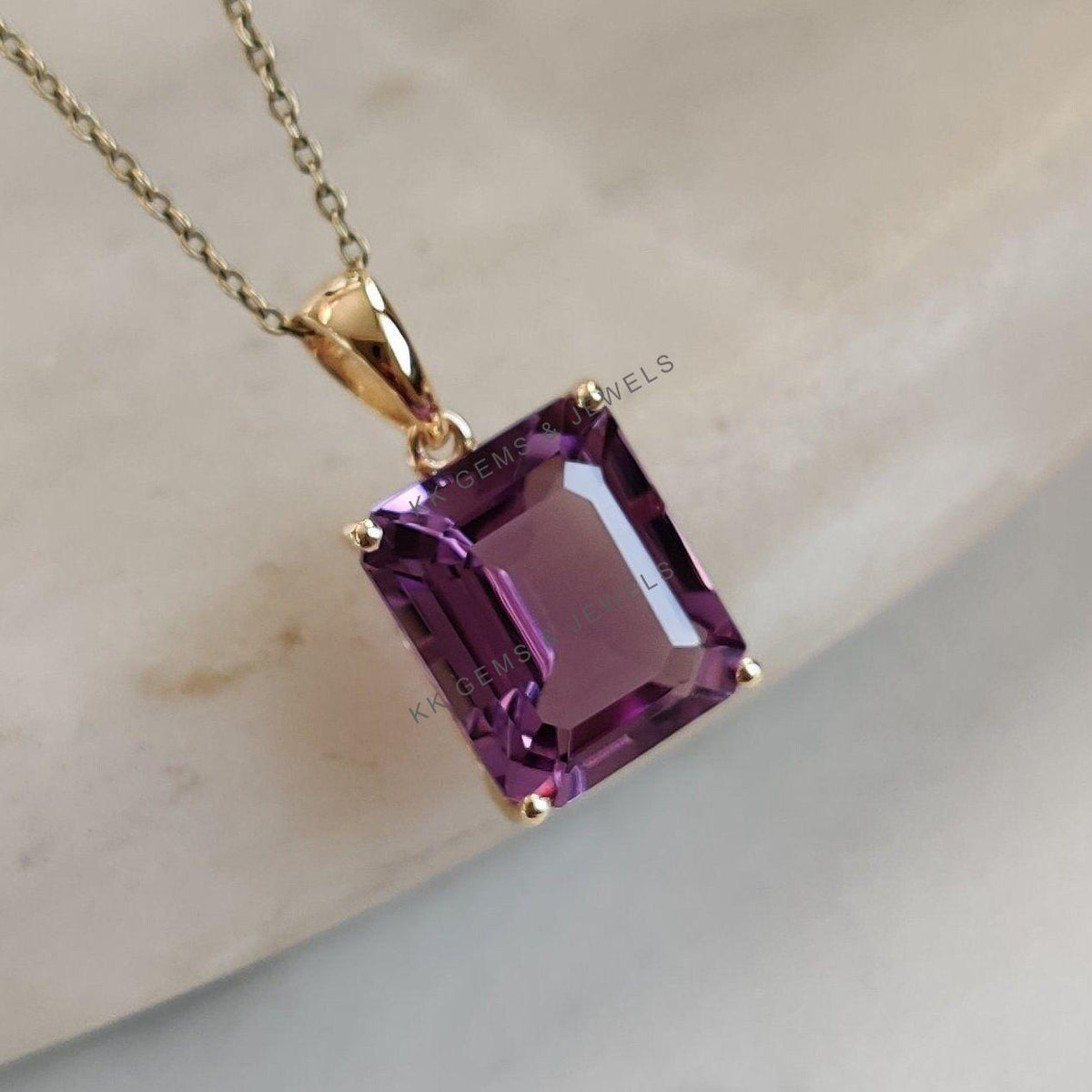 14K Solid Yellow Gold Natural Purple Amethyst Pendant, February Birthstone