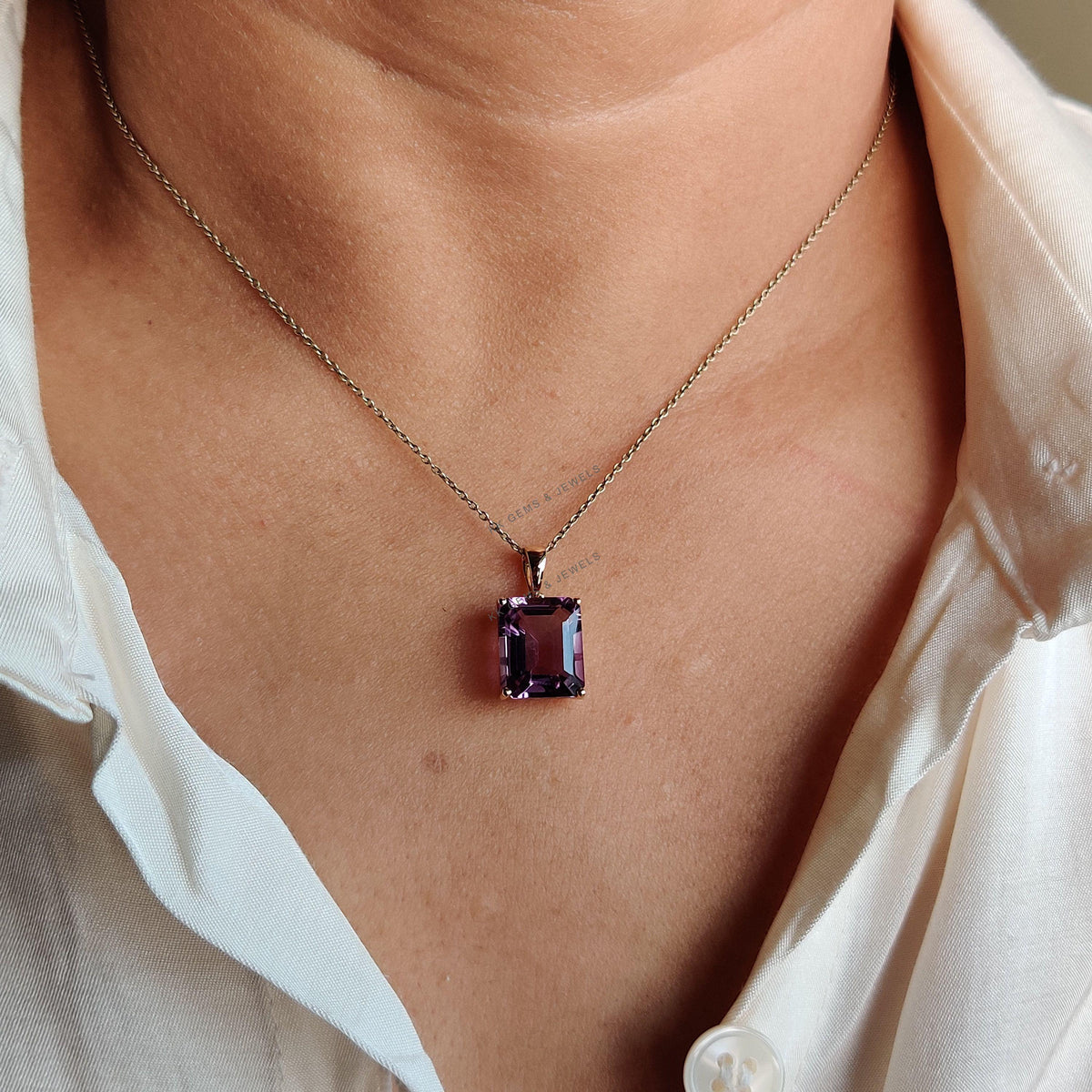 14K Solid Yellow Gold Natural Purple Amethyst Pendant, February Birthstone