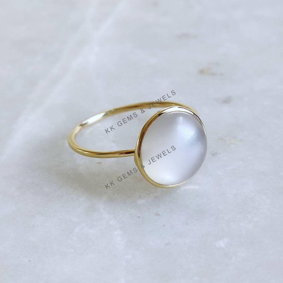 14K Solid Yellow Gold Natural White Moonstone Ring, June Birthstone