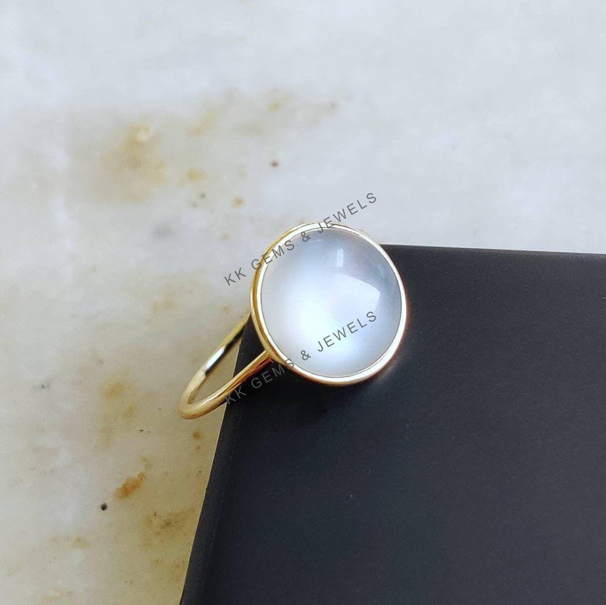14K Solid Yellow Gold Natural White Moonstone Ring, June Birthstone