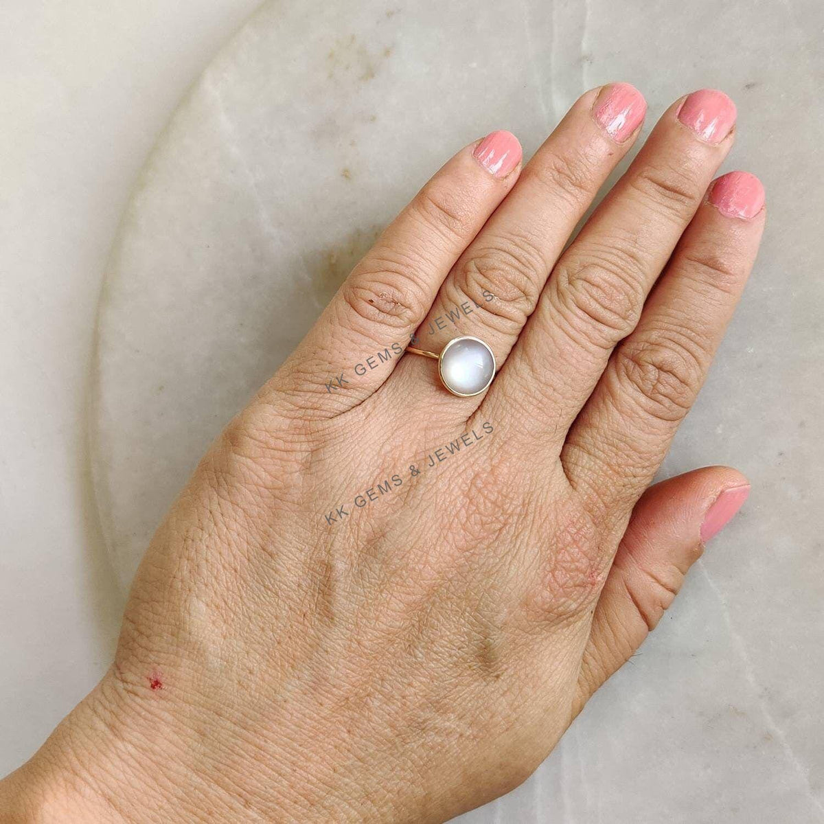14K Solid Yellow Gold Natural White Moonstone Ring, June Birthstone