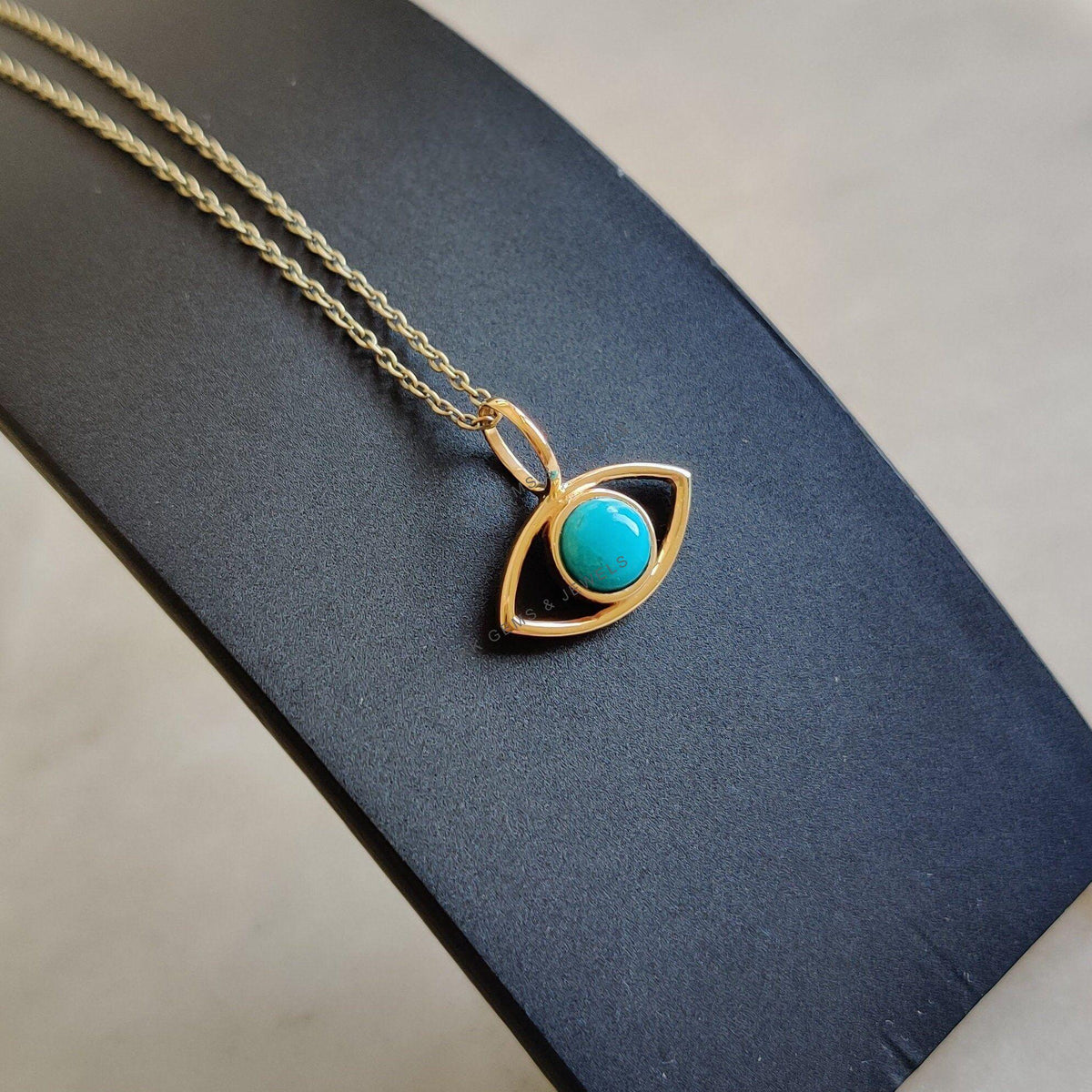 14K Solid Yellow Gold Natural Turquoise Evil Eye Pendant, December Birthstone Charm