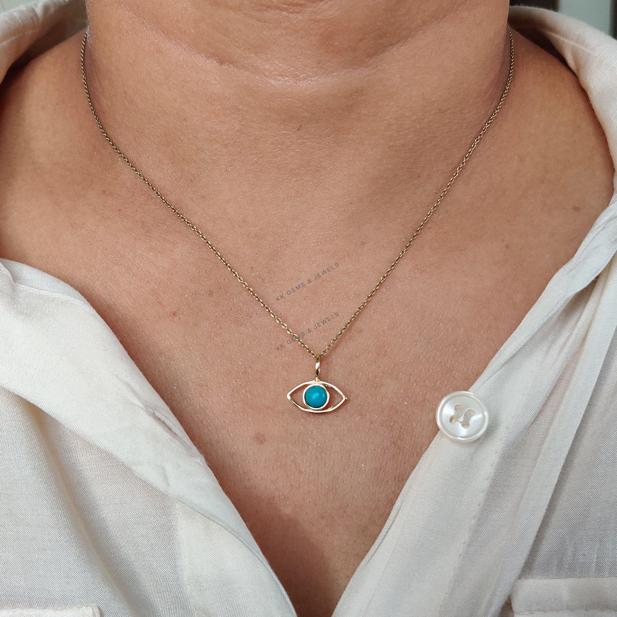 14K Solid Yellow Gold Natural Turquoise Evil Eye Pendant, December Birthstone Charm