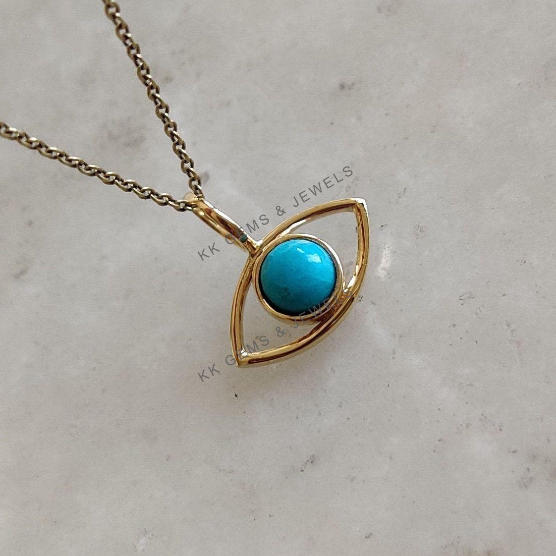 14K Solid Yellow Gold Natural Turquoise Evil Eye Pendant, December Birthstone Charm