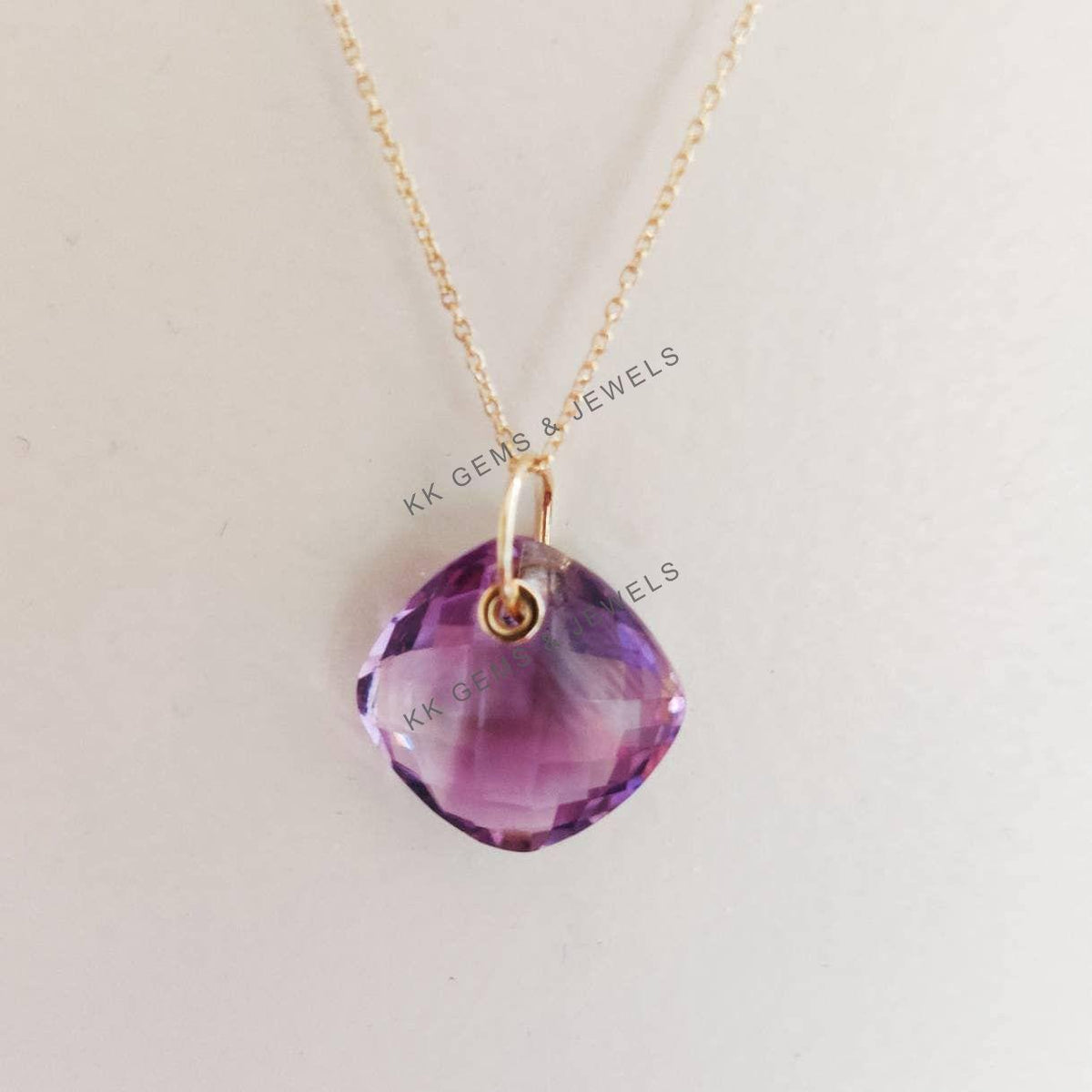 14K Solid Yellow Gold Natural Pink Amethyst Square Cushion Brio Pendant, February Birthstone Drill