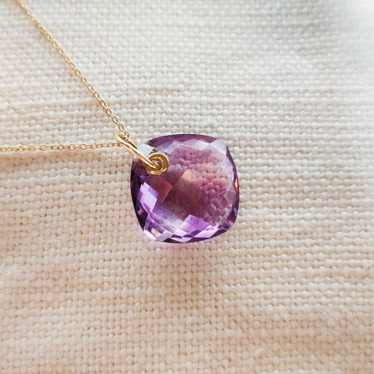 14K Solid Yellow Gold Natural Pink Amethyst Square Cushion Brio Pendant, February Birthstone Drill