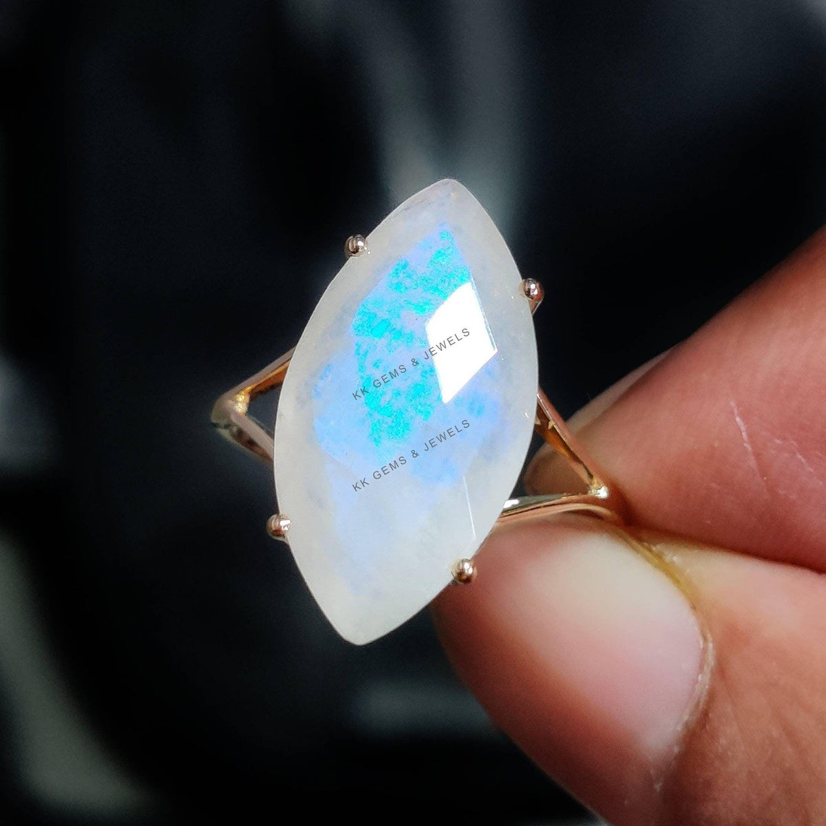 14K Solid Yellow Gold Marquise Natural Rainbow Moonstone Ring, June Birthstone