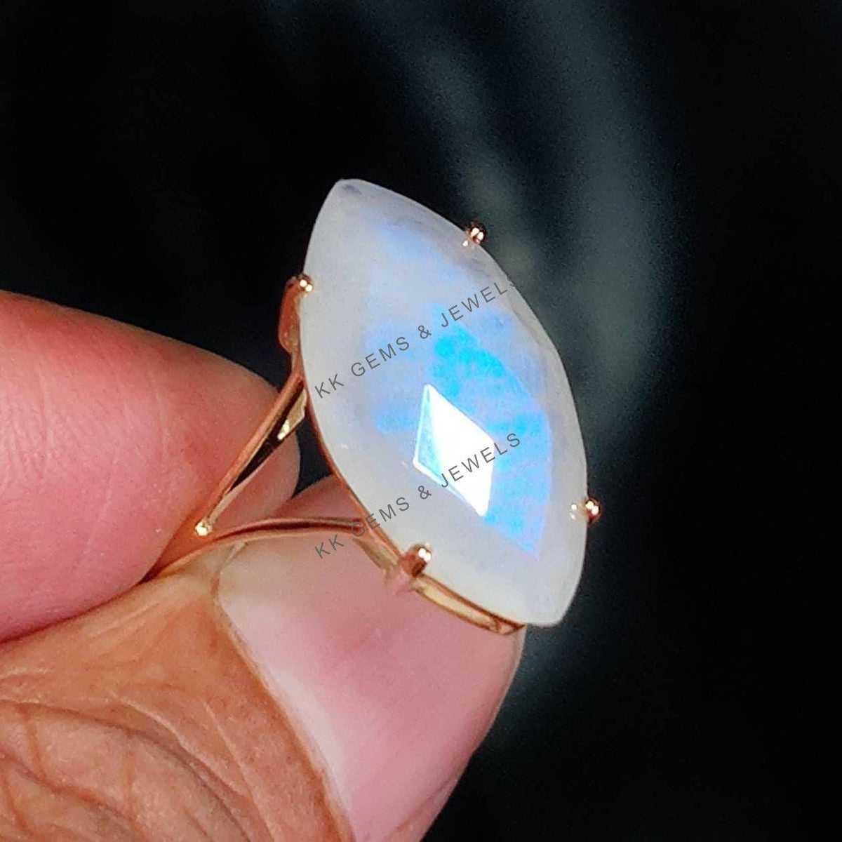 14K Solid Yellow Gold Marquise Natural Rainbow Moonstone Ring, June Birthstone