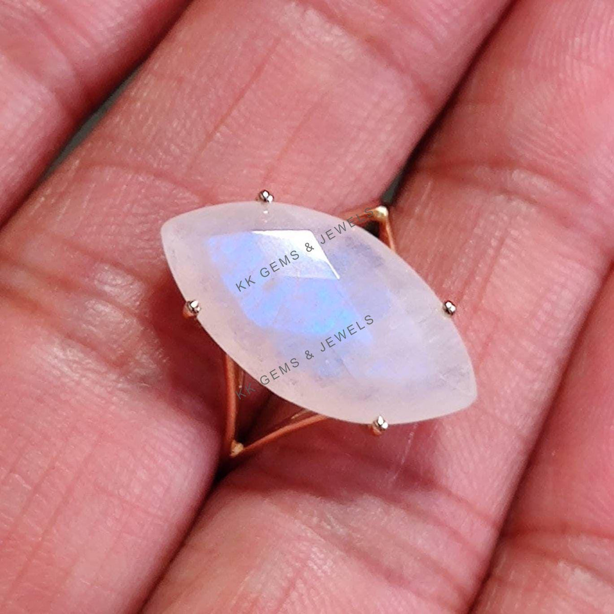 14K Solid Yellow Gold Marquise Natural Rainbow Moonstone Ring, June Birthstone