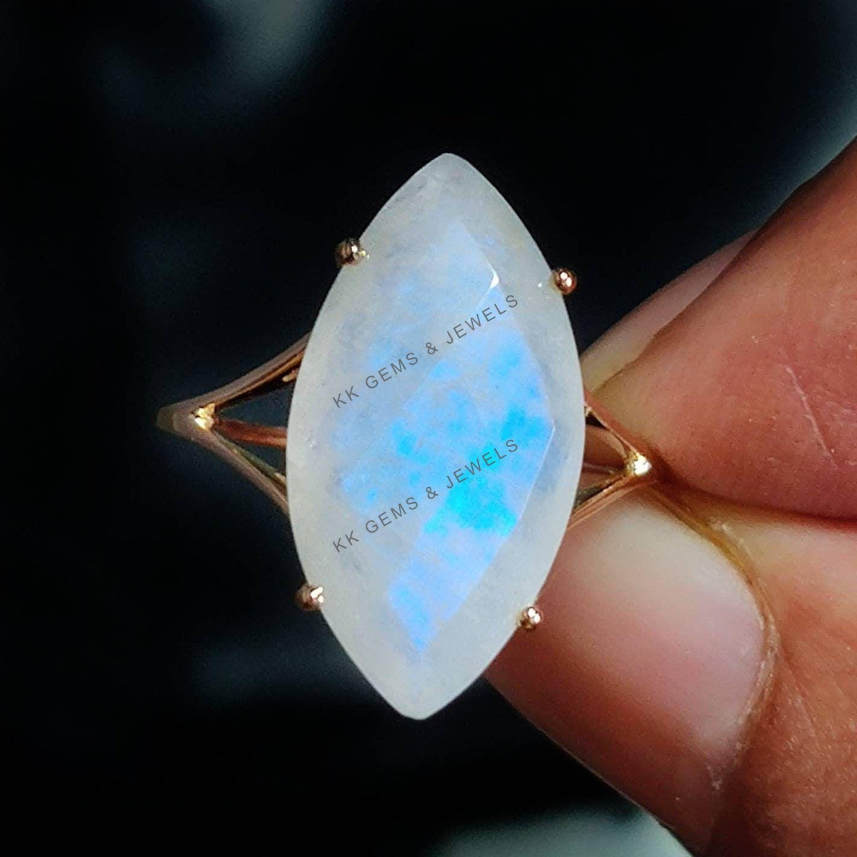 14K Solid Yellow Gold Marquise Natural Rainbow Moonstone Ring, June Birthstone