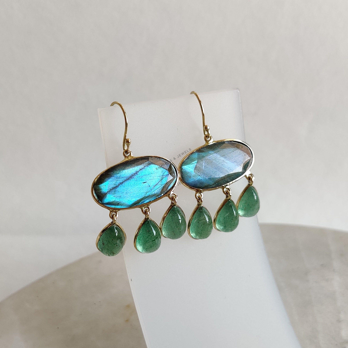 14K Solid Gold Natural Labradorite & Green Aventurine Drop Earrings, November Birthstone